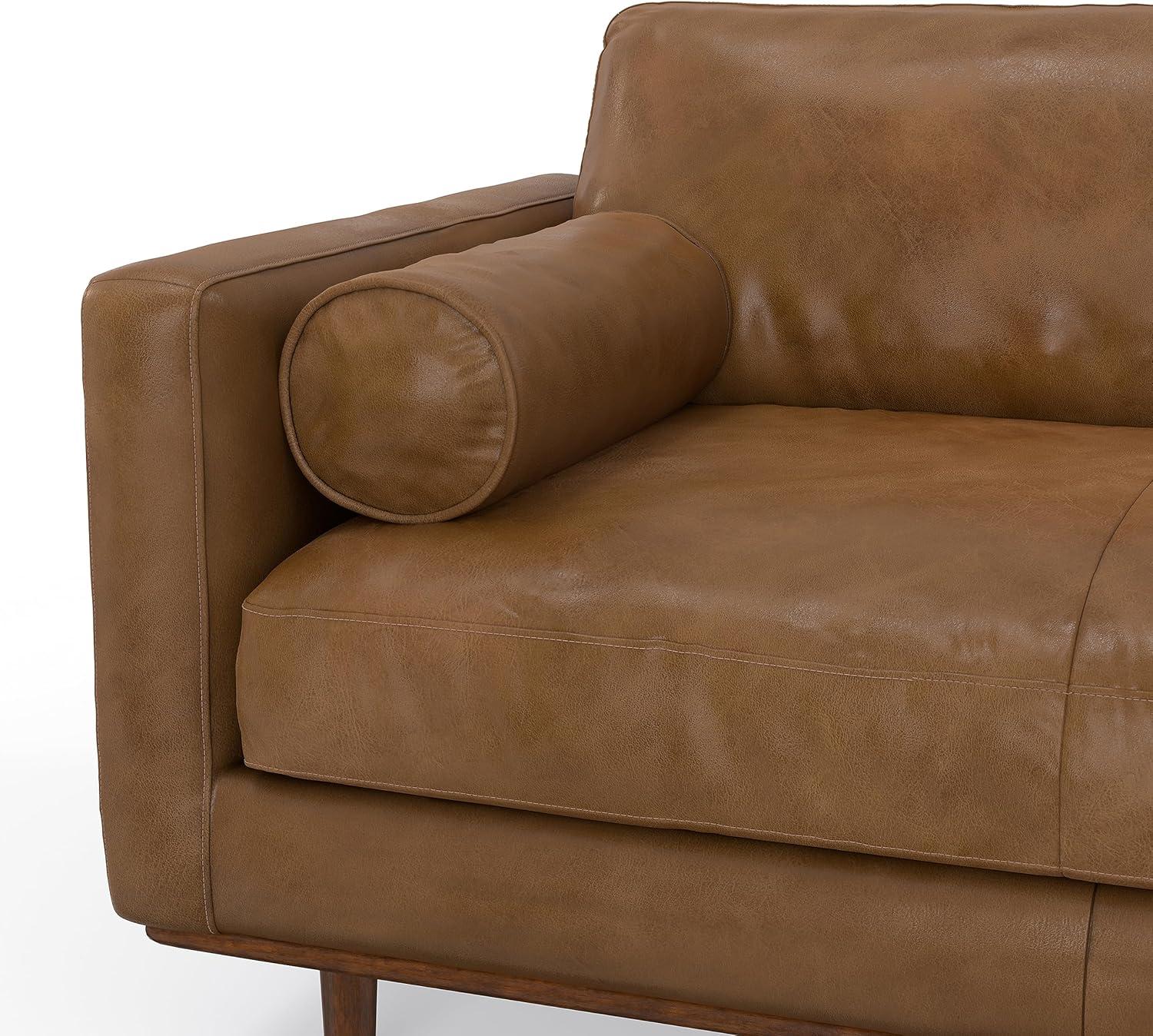 Simpli Home Morrison Mid-Century Modern 72 inch Wide Sofa in Caramel Brown Genuine Leather