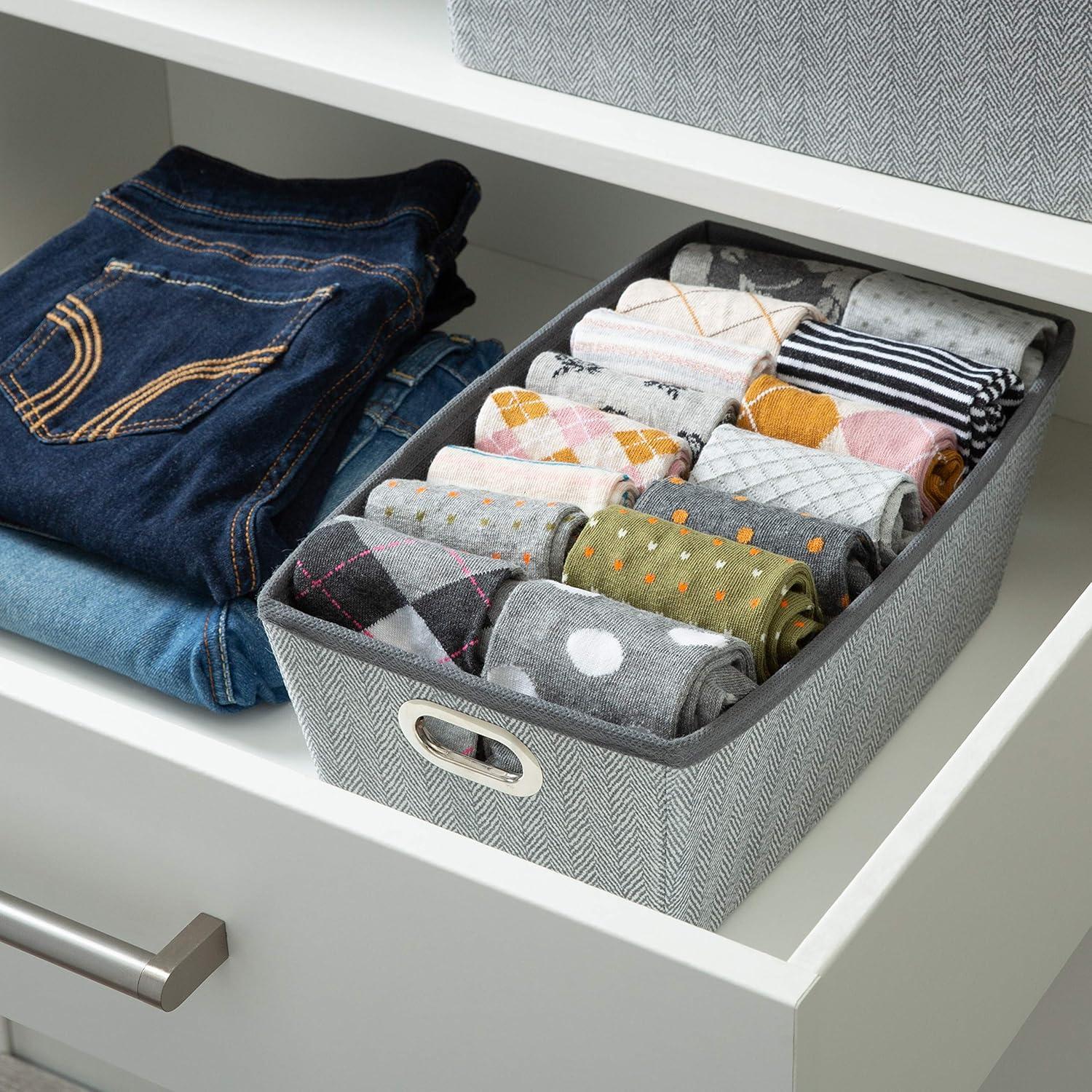 Small Gray Herringbone Fabric Storage Box with Grommet Handles