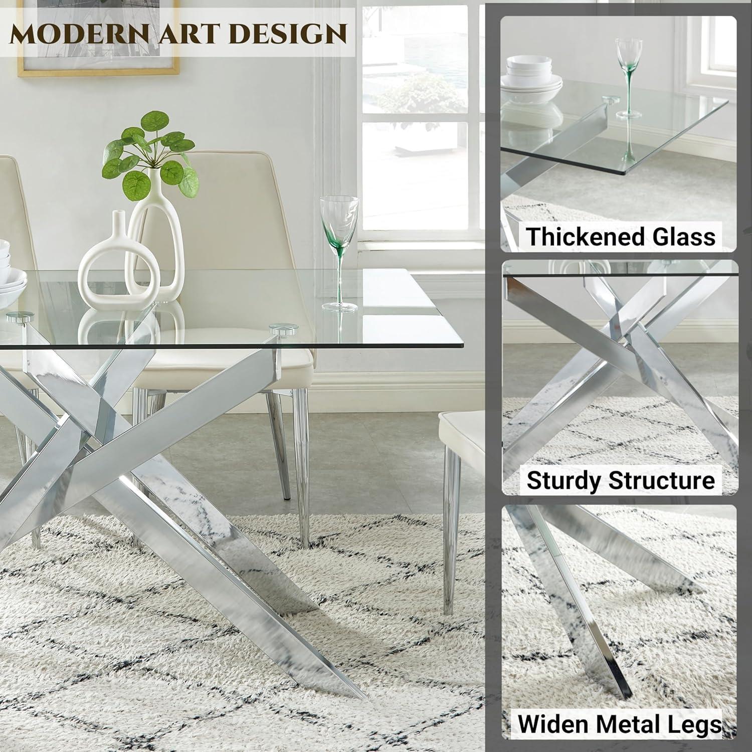 Silver Glass Rectangle Dining Table with Chrome Cross Legs