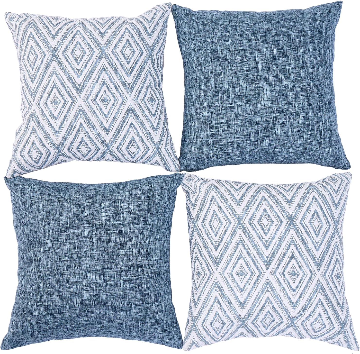 Blue and White Geometric Pattern Cotton Polyester Euro Pillow Covers