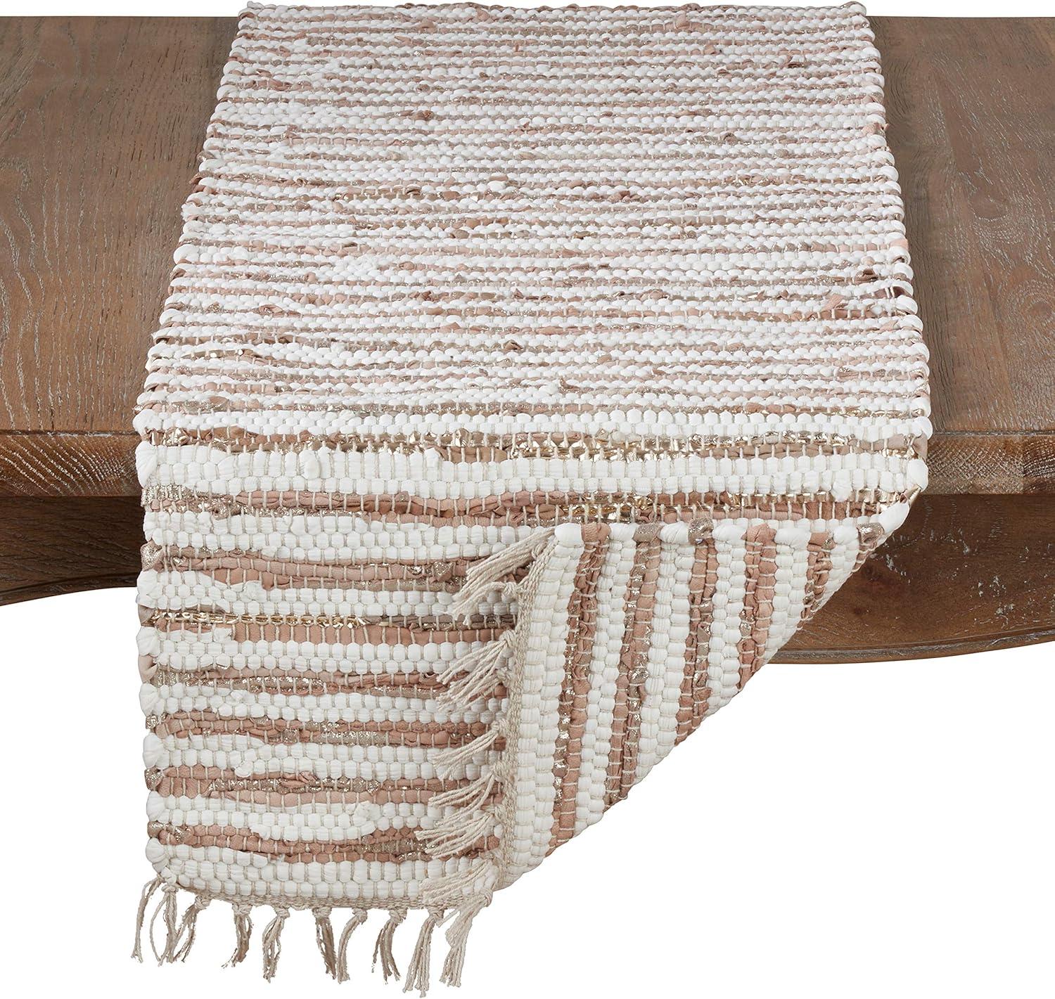 Saro Lifestyle Foil Strip Chindi Table Runner With Cotton And Leather Blend