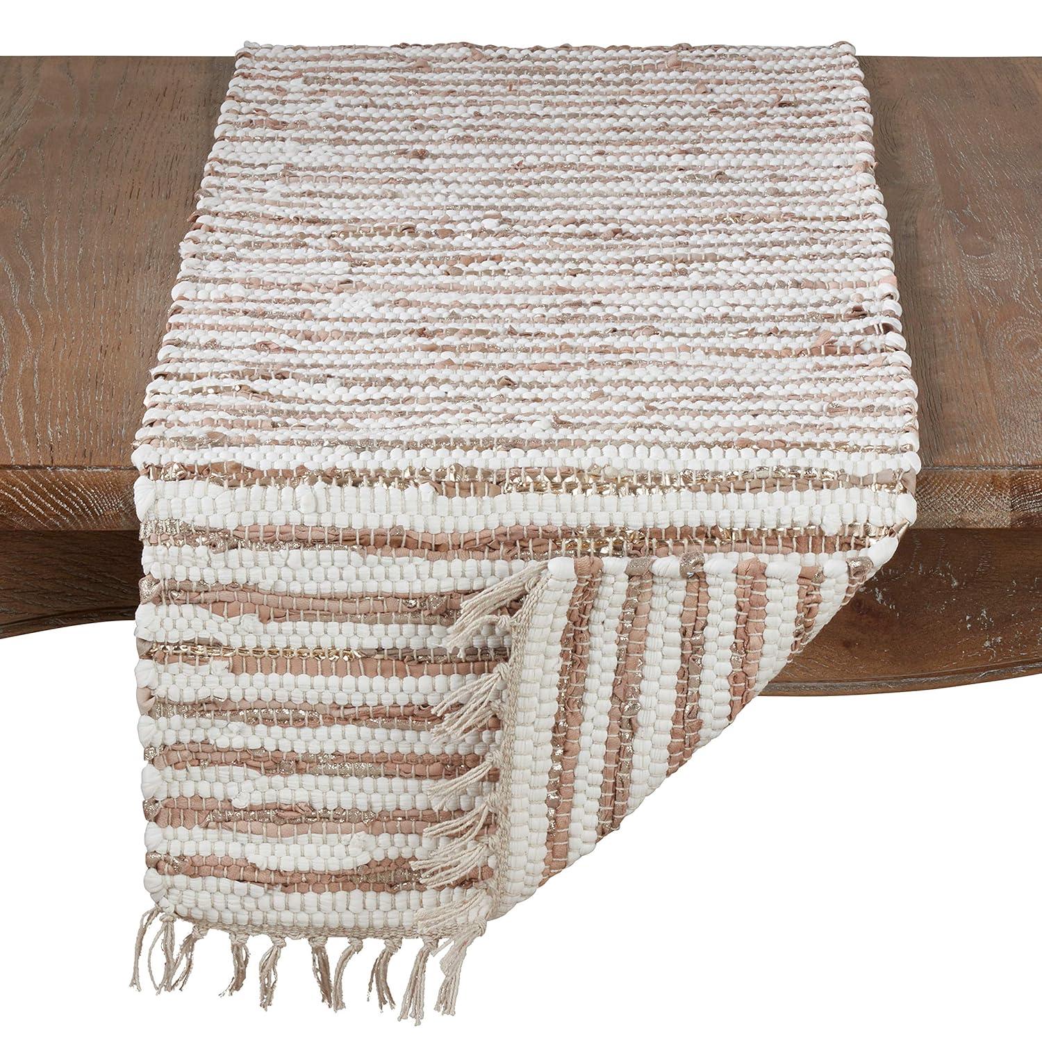 Saro Lifestyle Leather And Cotton Woven Chindi Table Runner Gold