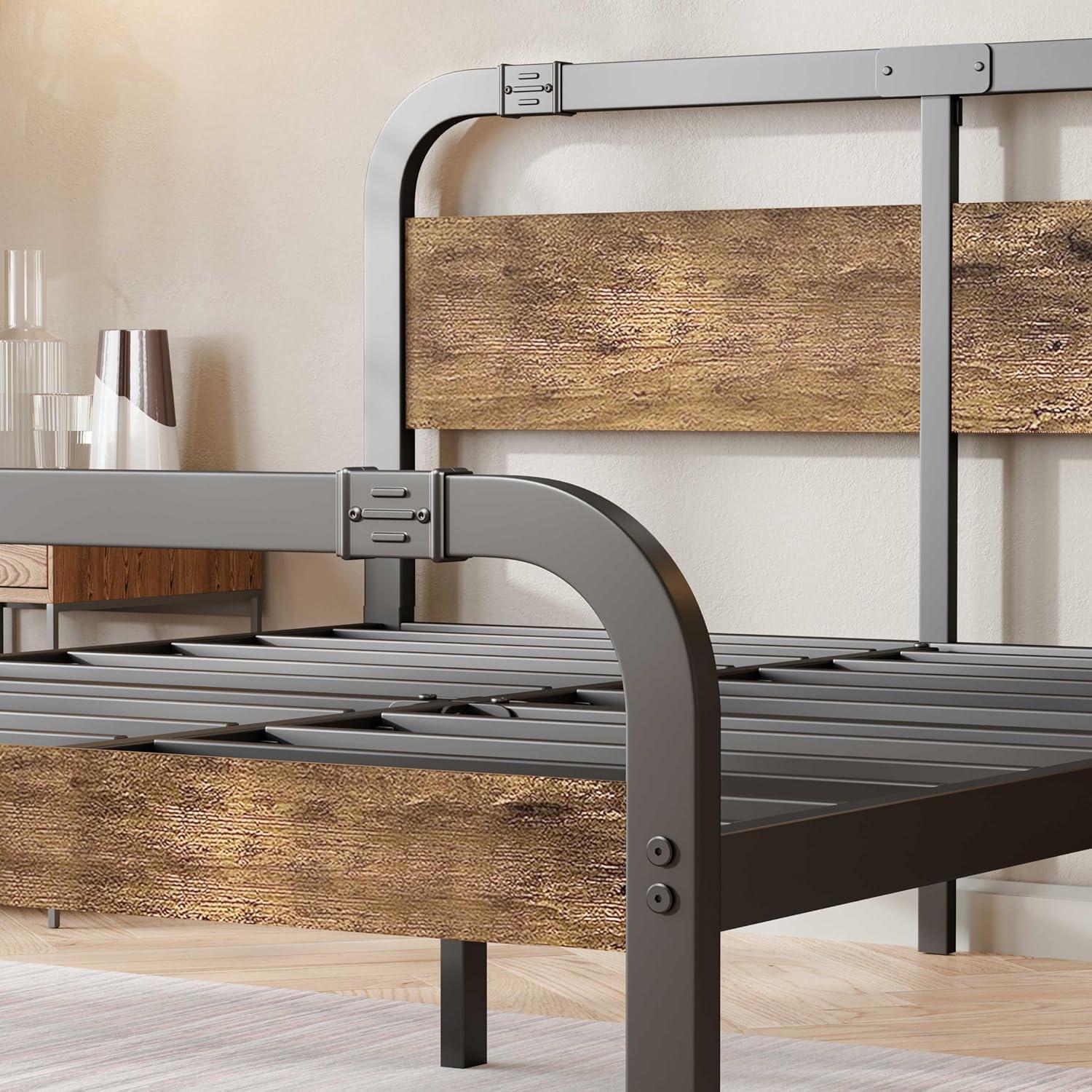 ZIYOO Industrial Style Metal Twin XL Bed Frame with Rustic Wood Headboard and Footboard, 14 Inch High Heay Duty Steel Slats Support No Box Spring Needed，Easy Assembly Structure