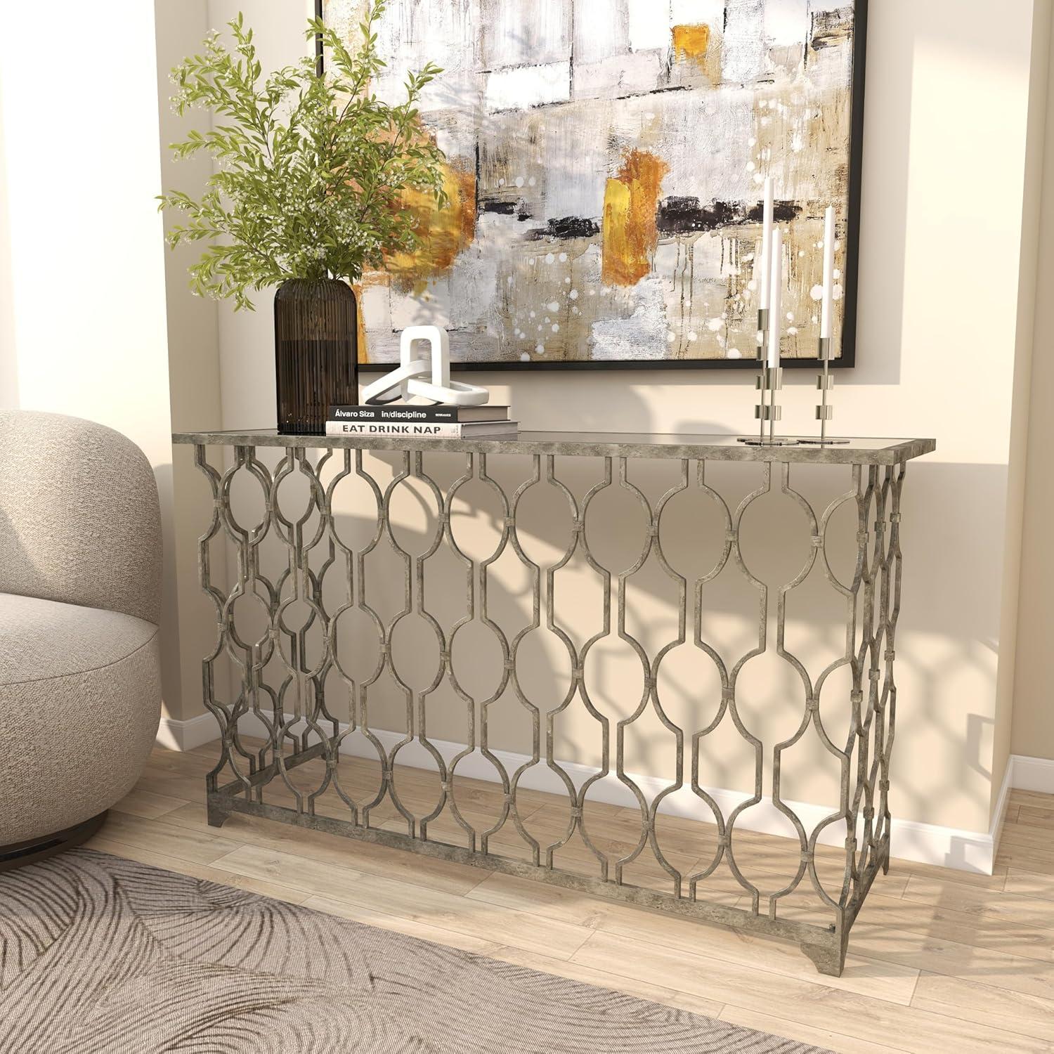 DecMode Contemporary Rectangular Metal with Mirror Top Console Table, 55"W x 32"H Features Silver Circular Trellis Pattern