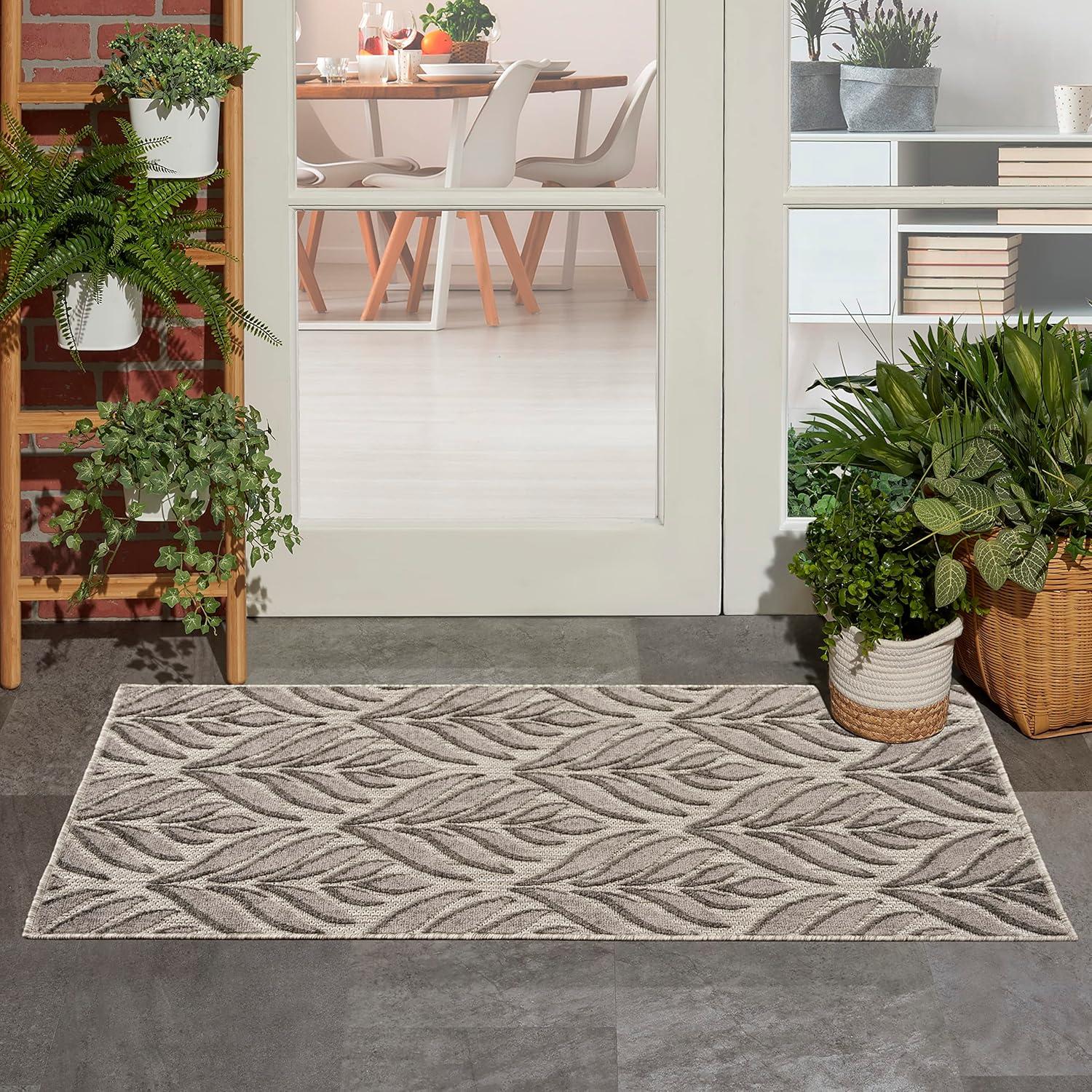 Nourison Aloha Tropical Palm Flatweave High-Low Indoor Outdoor Area Rug Charcoal 2'8" x 4'