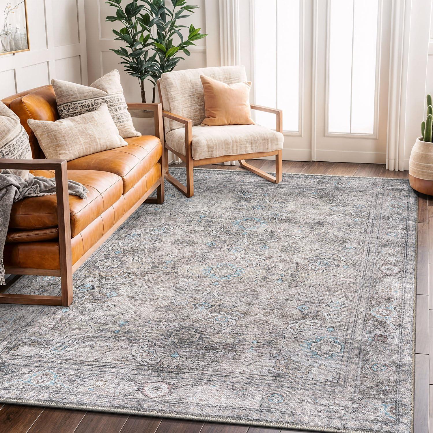 World Rug Gallery Transitional Distressed Vintage Machine Washable Area Rug- OLIVE 5' X 7'