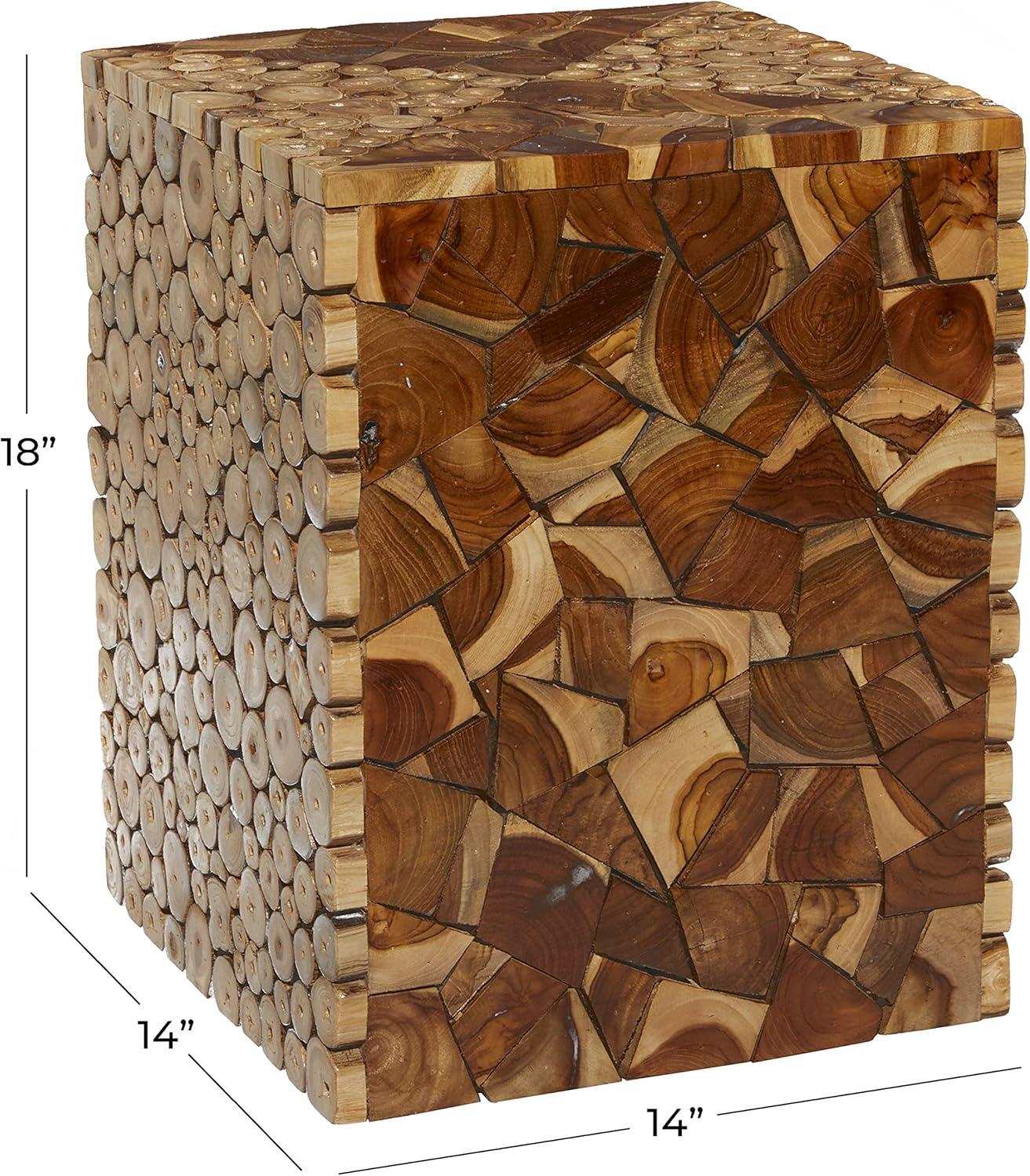 DecMode 14" x 18" Brown Teak Wood Handmade Accent Table with Mosaic Wood Chip Design, 1-Piece