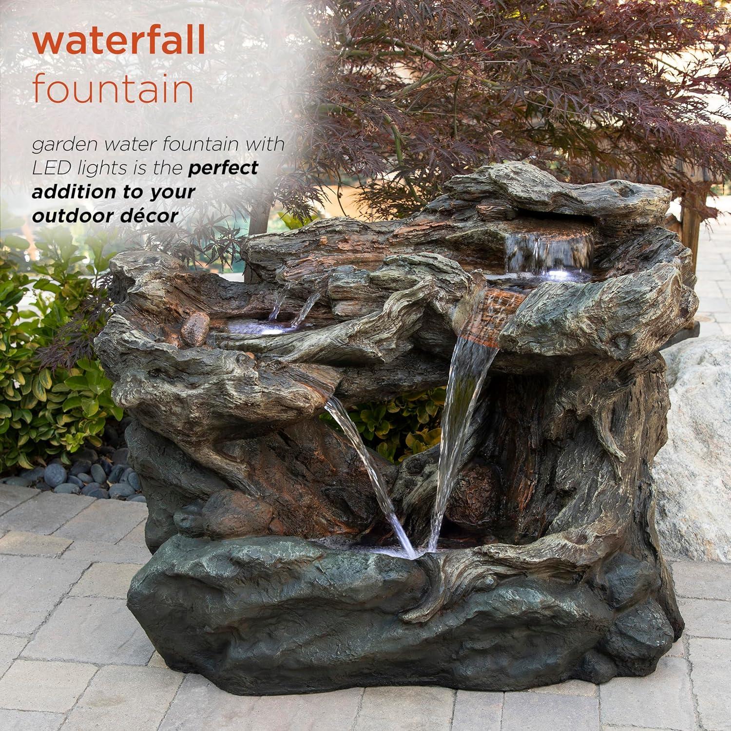 Alpine Corporation 40" x 23" x 30" Outdoor Polystone Light-Up Rainforest Plug-In Fountain, Brown