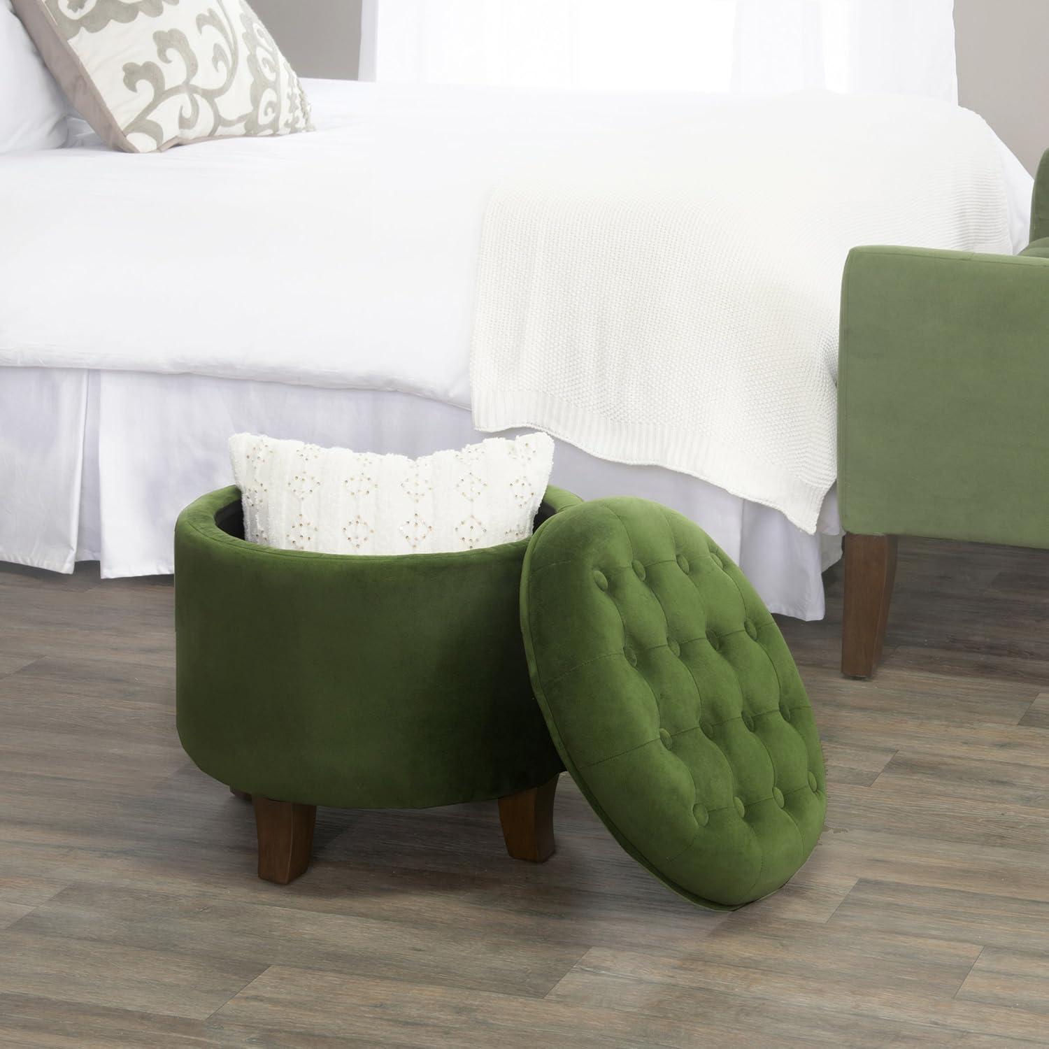 Forest Green Velvet Tufted Round Storage Ottoman