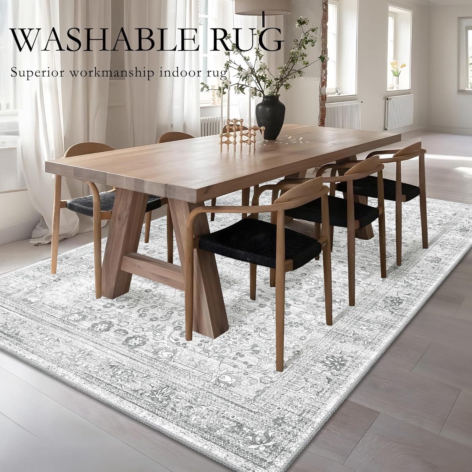 Haperlare Washable Living Room Rug Ultra Soft Rug Machine Washable Accent Rug Stain Resistant Ultra Thin Distressed Mats for Bedroom Living Room, 5' x 7' Gray