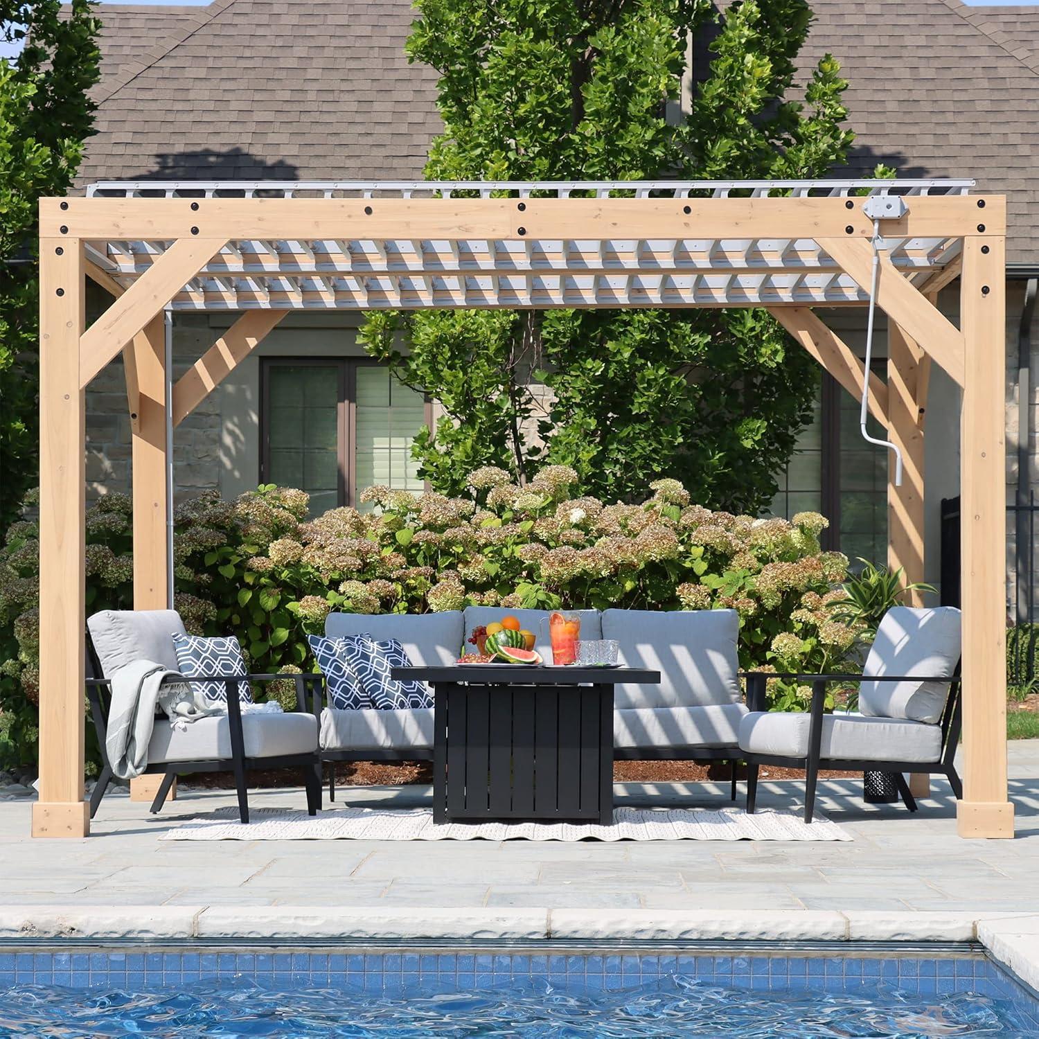 Yardistry 10' x 12' Meridian Louvered Pergola  Premium Cedar Wood Structure with Adjustable Aluminum Louvers and Built-In Gutter System for Outdoor Shade and Rain Protection