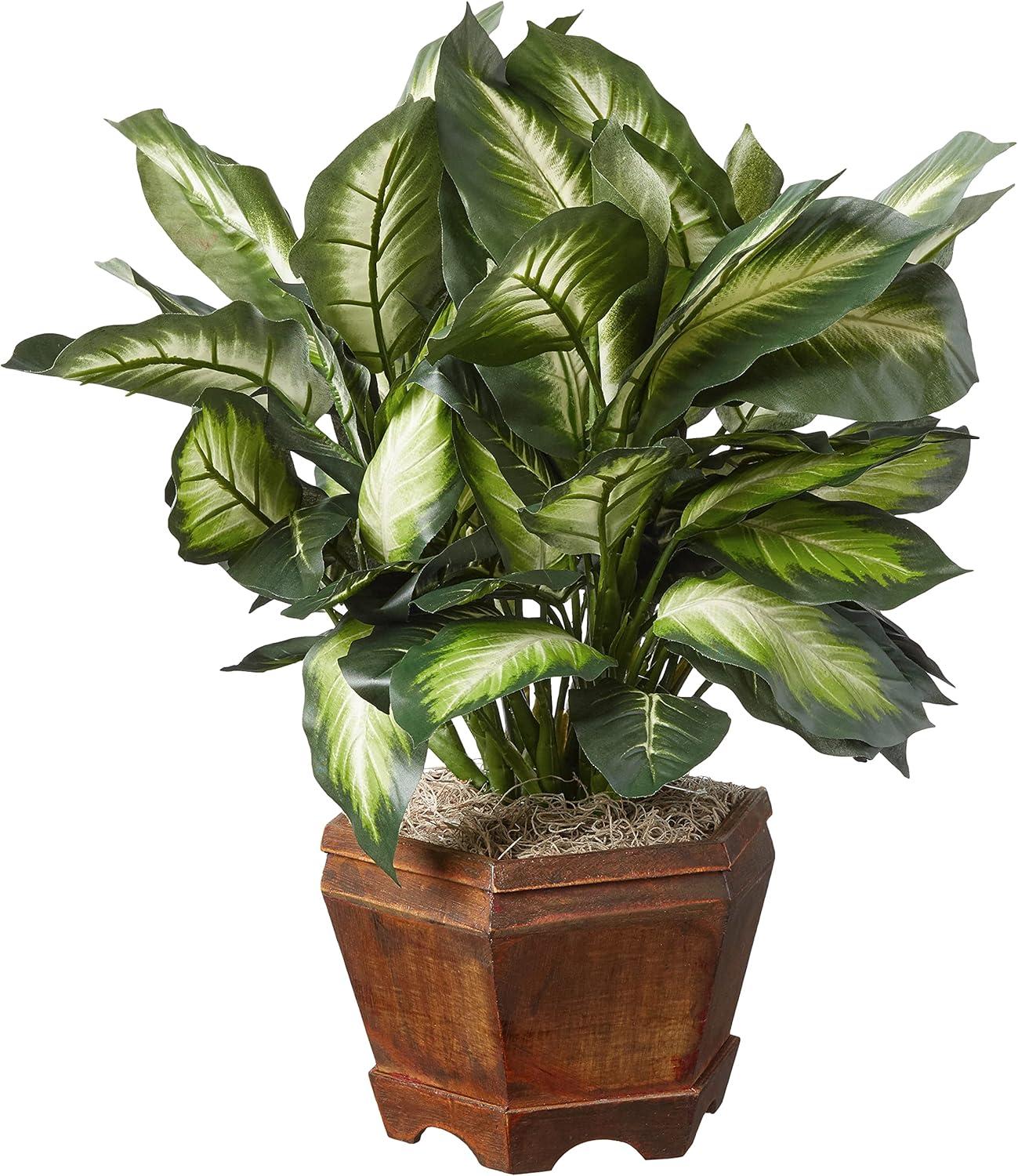 22" Artificial Triple Golden Dieffenbachia with Wood Vase - Nearly Natural