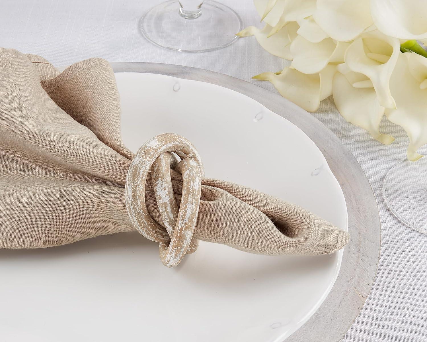 Saro Lifestyle Wooden Dinner Napkin Rings With Interlock Design, White, (Set of 4 pcs)