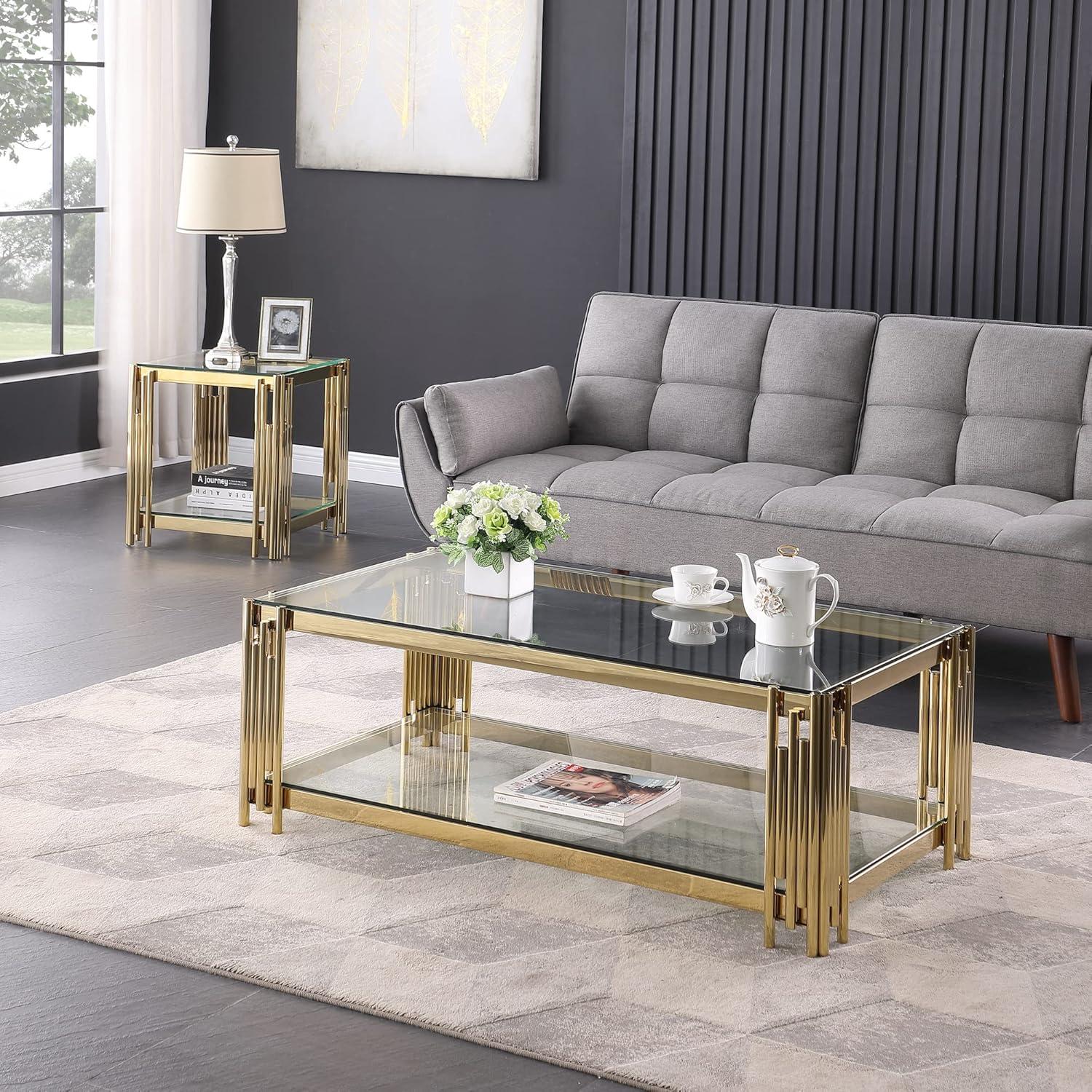 Luxurious Golden Stainless Steel Double-Layer Rectangular Coffee Table with Glass Top  Wide 48” Modern Worker Furniture for Elegant Living Room Decor