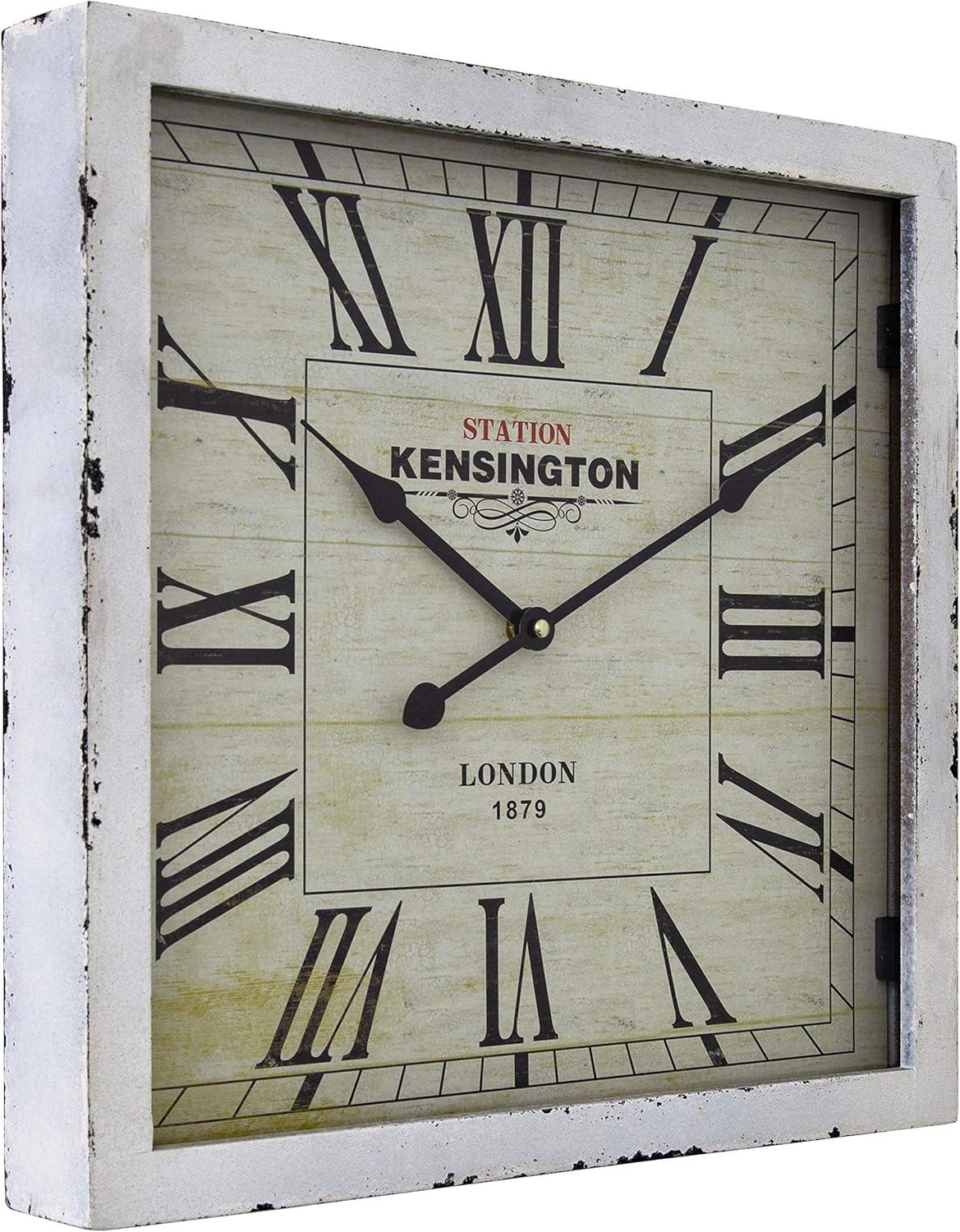 Distressed White Square Wooden Wall Clock with Roman Numerals