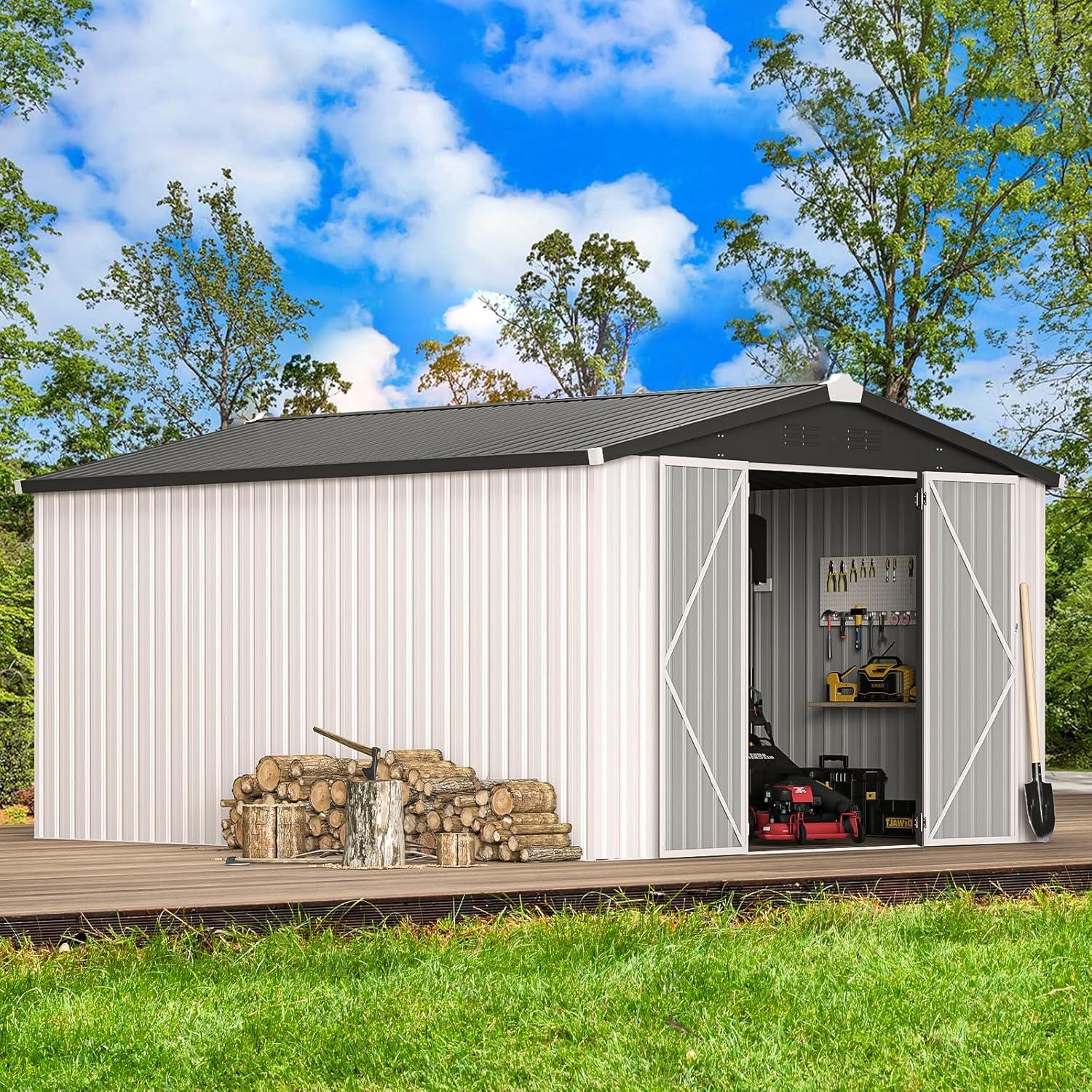 AECOJOY 10' x 14' Outdoor Storage Shed with Lockable Door Patio Metal Garden Storage Building in White for Outside