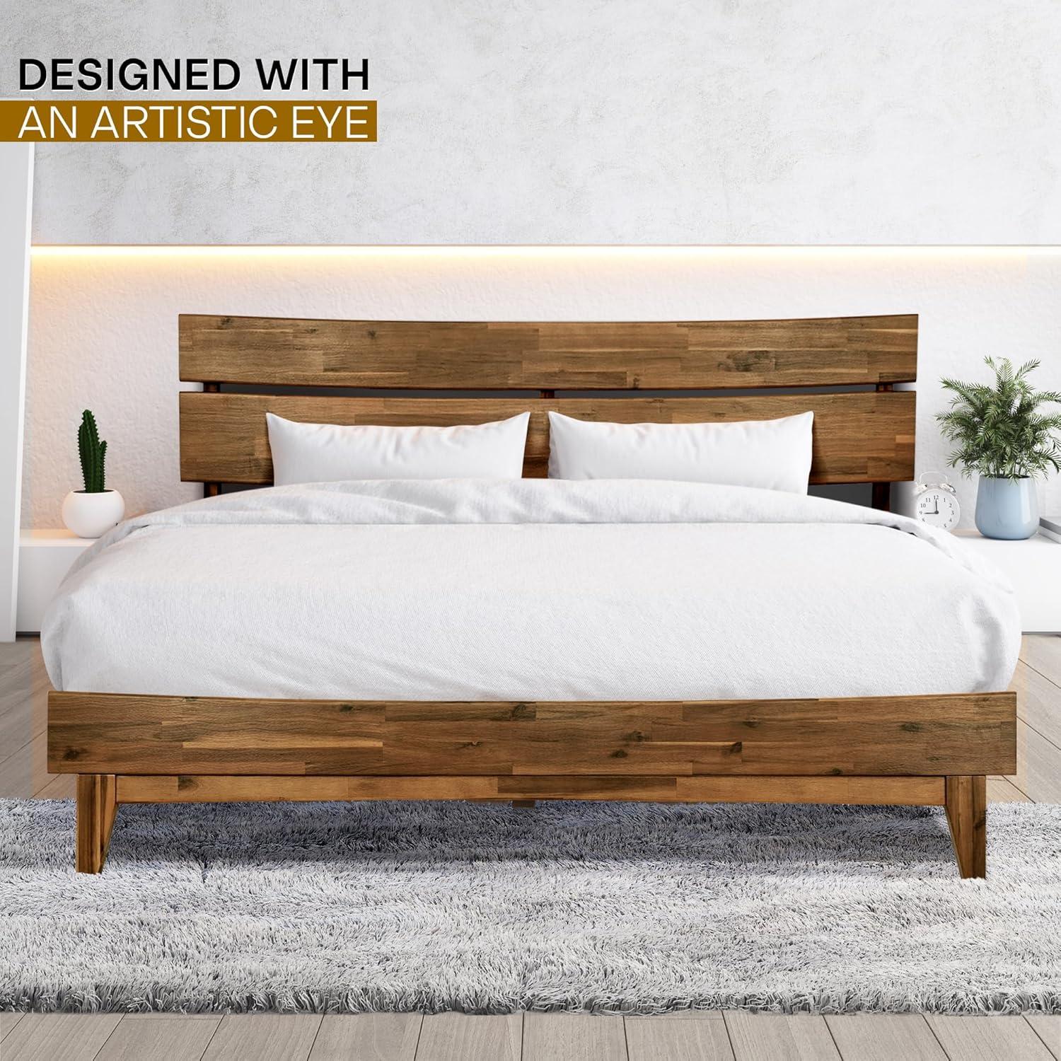Acacia Aurora Premium Solid Wood Platform Bed Frame and High Headboard, Queen Bed Frame with Headboard, Mid Century Modern Bed with 5 years Warranty