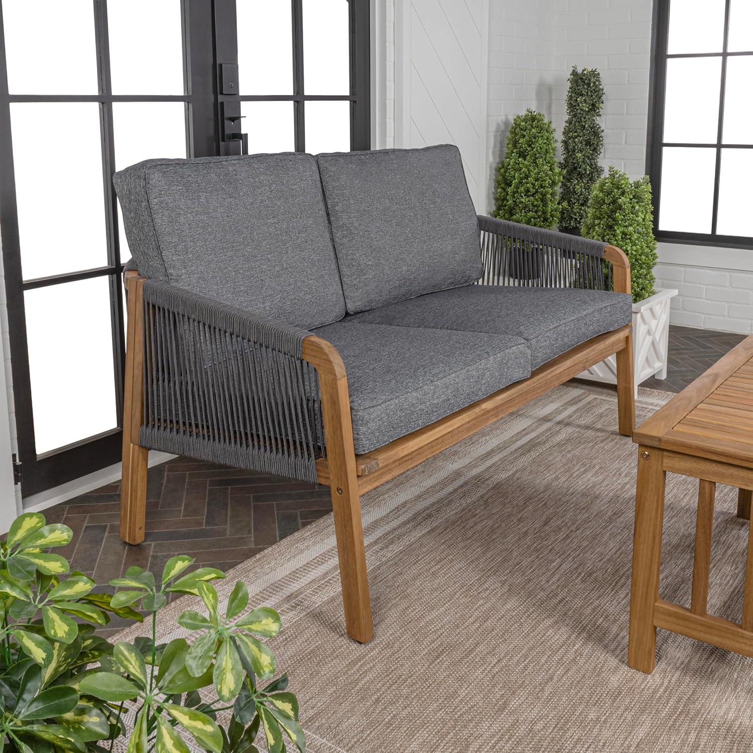 Gray and Teak Brown Acacia Wood Outdoor Loveseat with Cushions