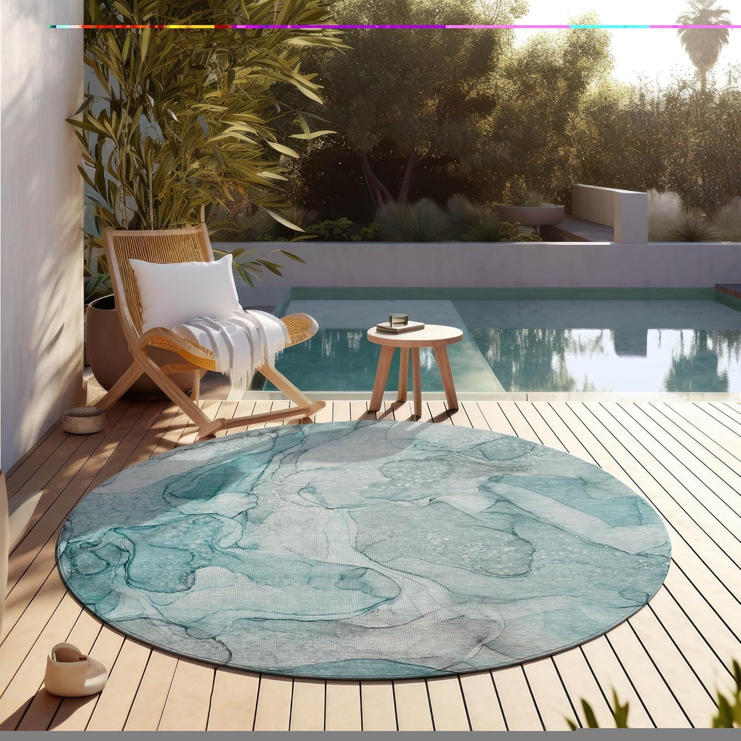 Addison Rugs Chantille Indoor/Outdoor Transitional Watercolors Teal Washable Round Rug, 8' x 8'