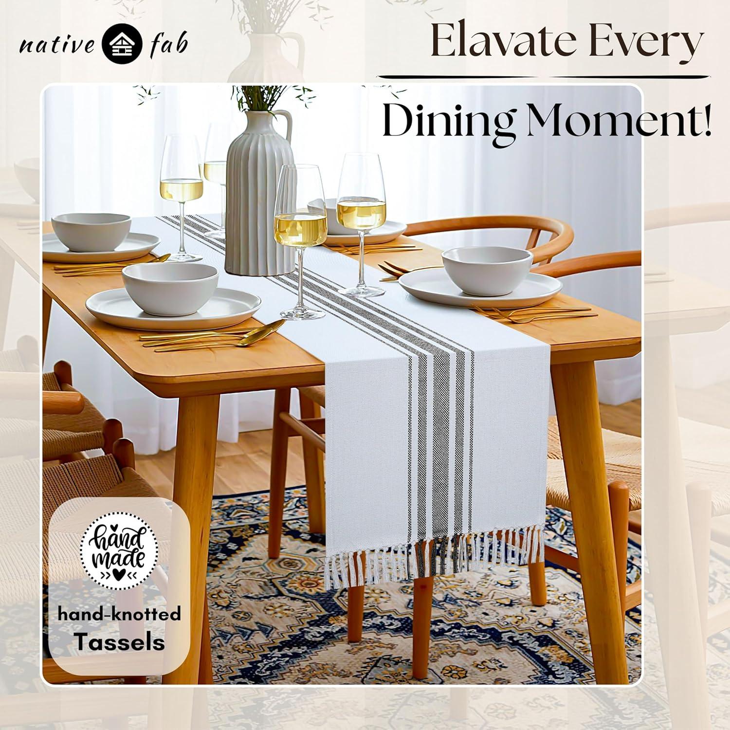 Design Imports  Black Striped Fringe Ribbed Table Runner 14X72