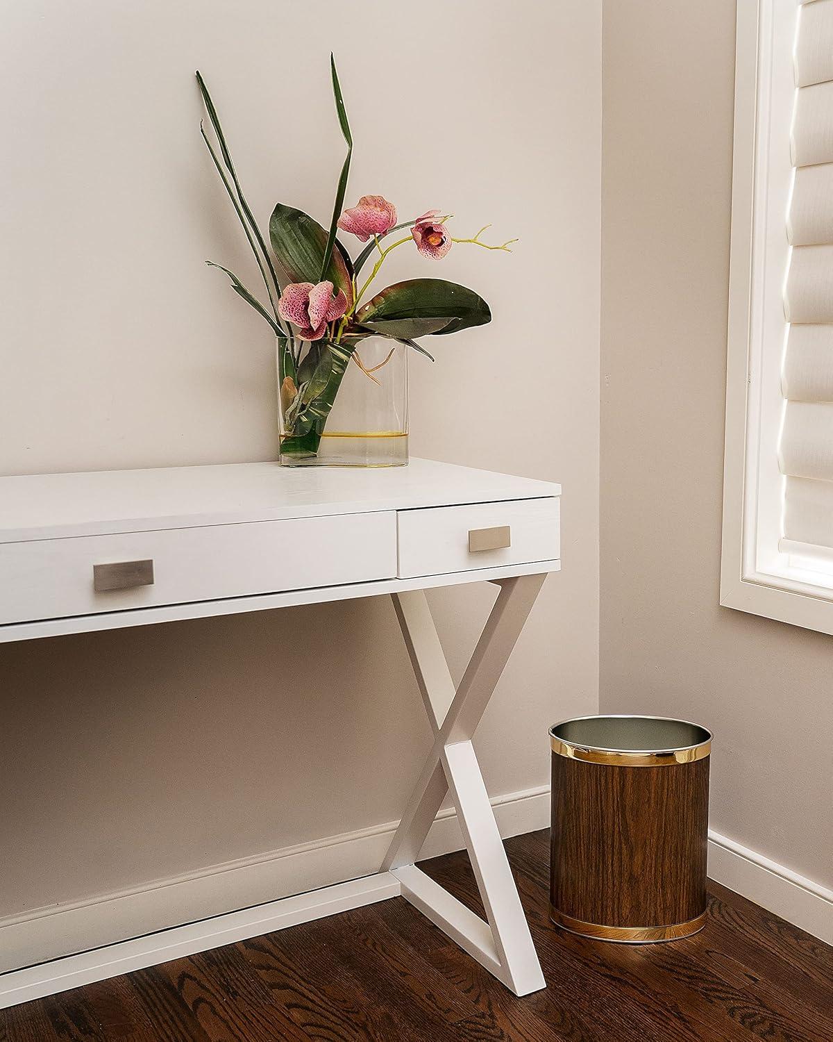 Walnut and Gold Trim Oval Vinyl Wastebasket