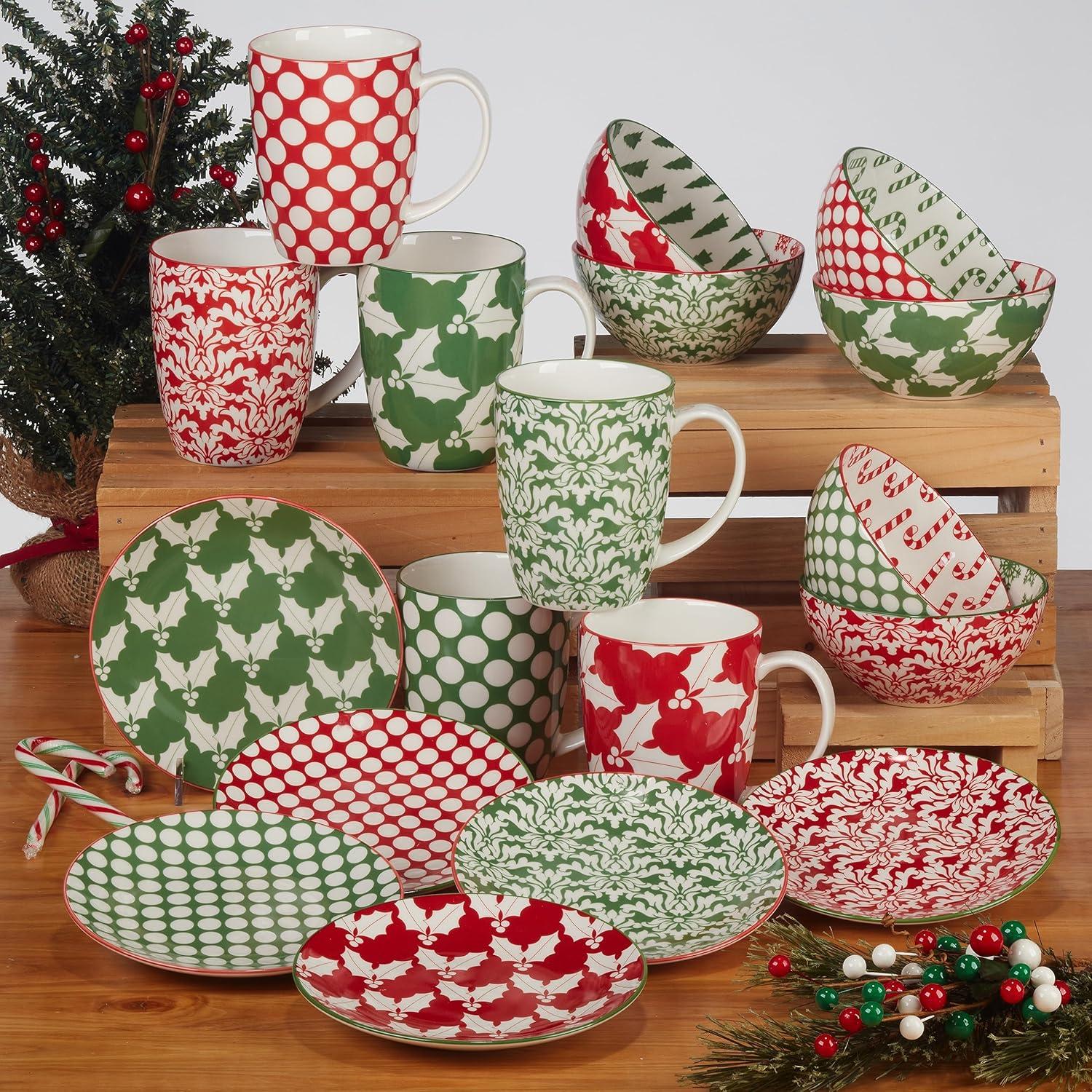 Holiday Red and Green Ceramic 14 oz Beverage Mugs, Set of 6