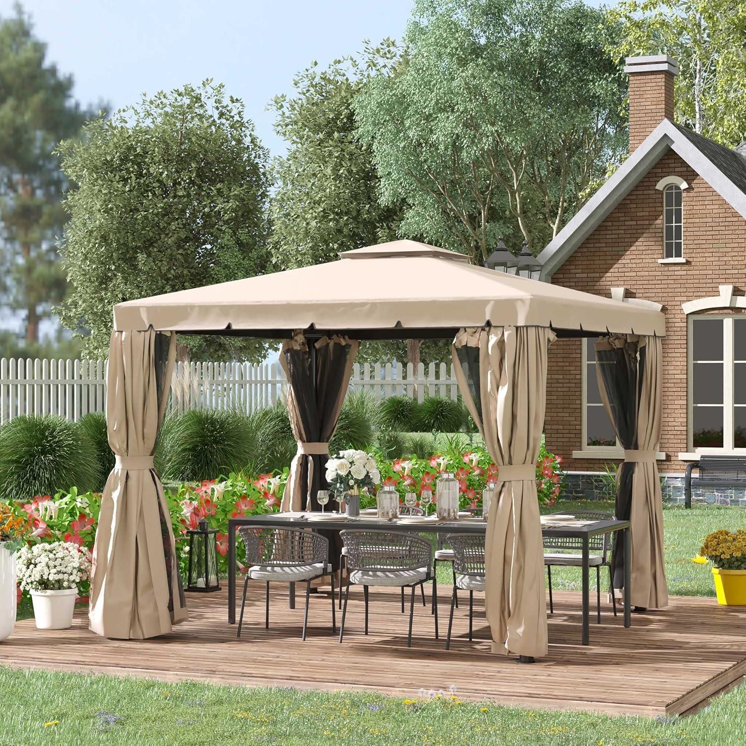 Khaki Aluminum Frame 10' x 10' Patio Gazebo with Mesh Curtains