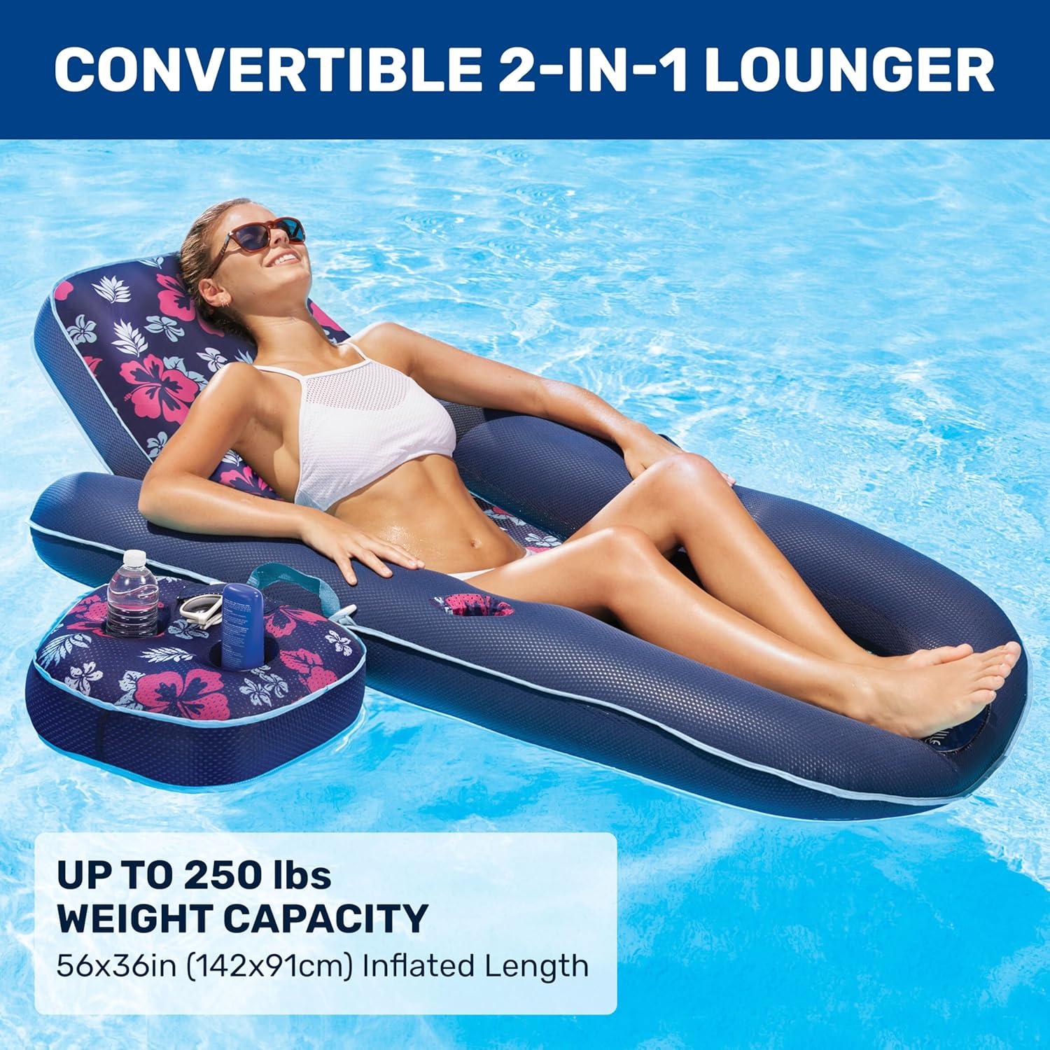 Aqua Leisure Campania Convertible 2 in 1 Pool Float Lounge/Caddy, Navy Hibiscus