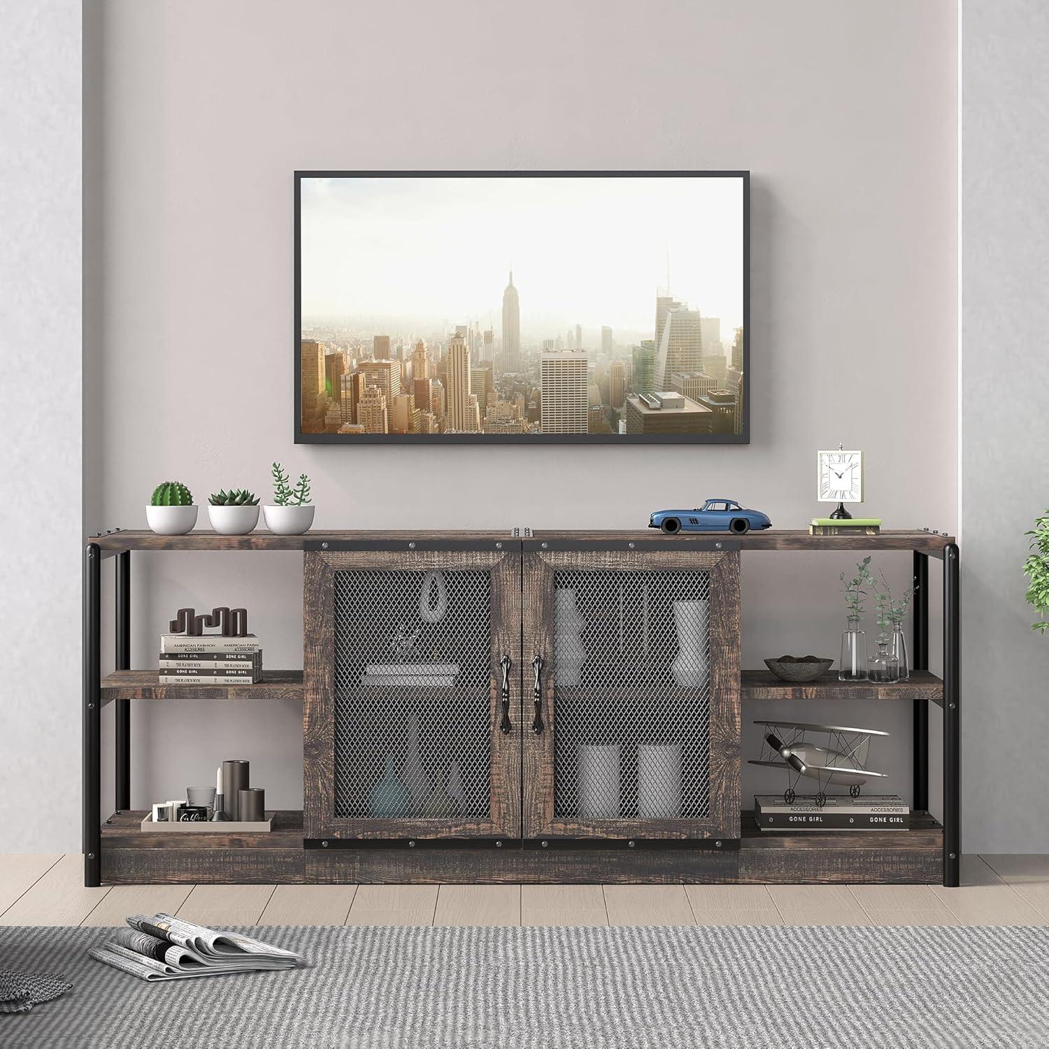 Killeryuki TV Stand for 65+ Inch TV, Industrial Entertainment Center TV Media Console Table, Farmhouse TV Stand with Storage and Mesh Door, TV Console Cabinet Furniture for Living Room (Rustic Oak)