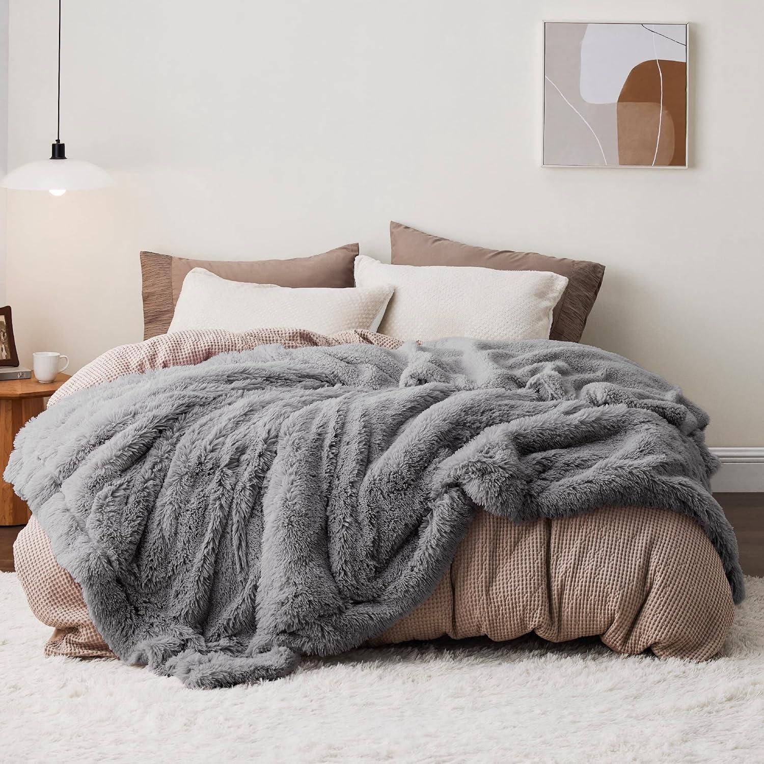 King Size Light Grey Sherpa Fleece Faux Fur Blanket