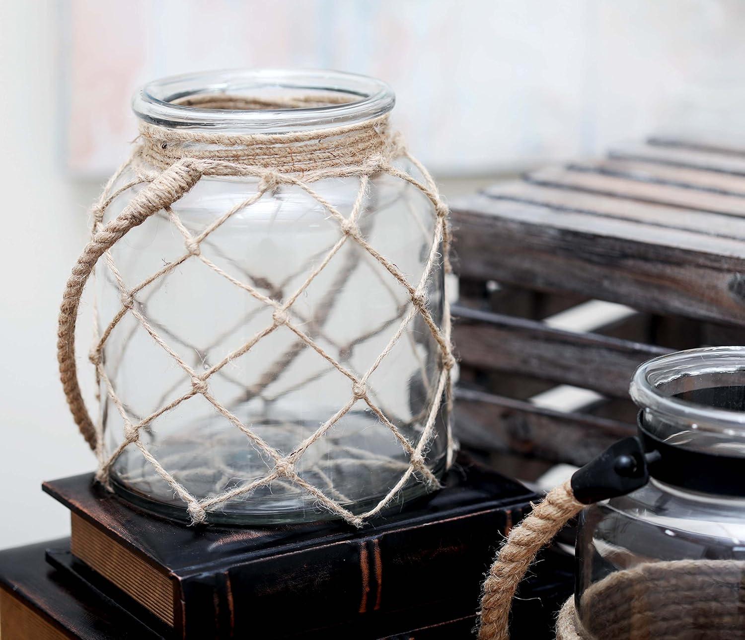 Coastal Charm Rustic Glass Candle Lantern with Jute Rope, 7"x8"