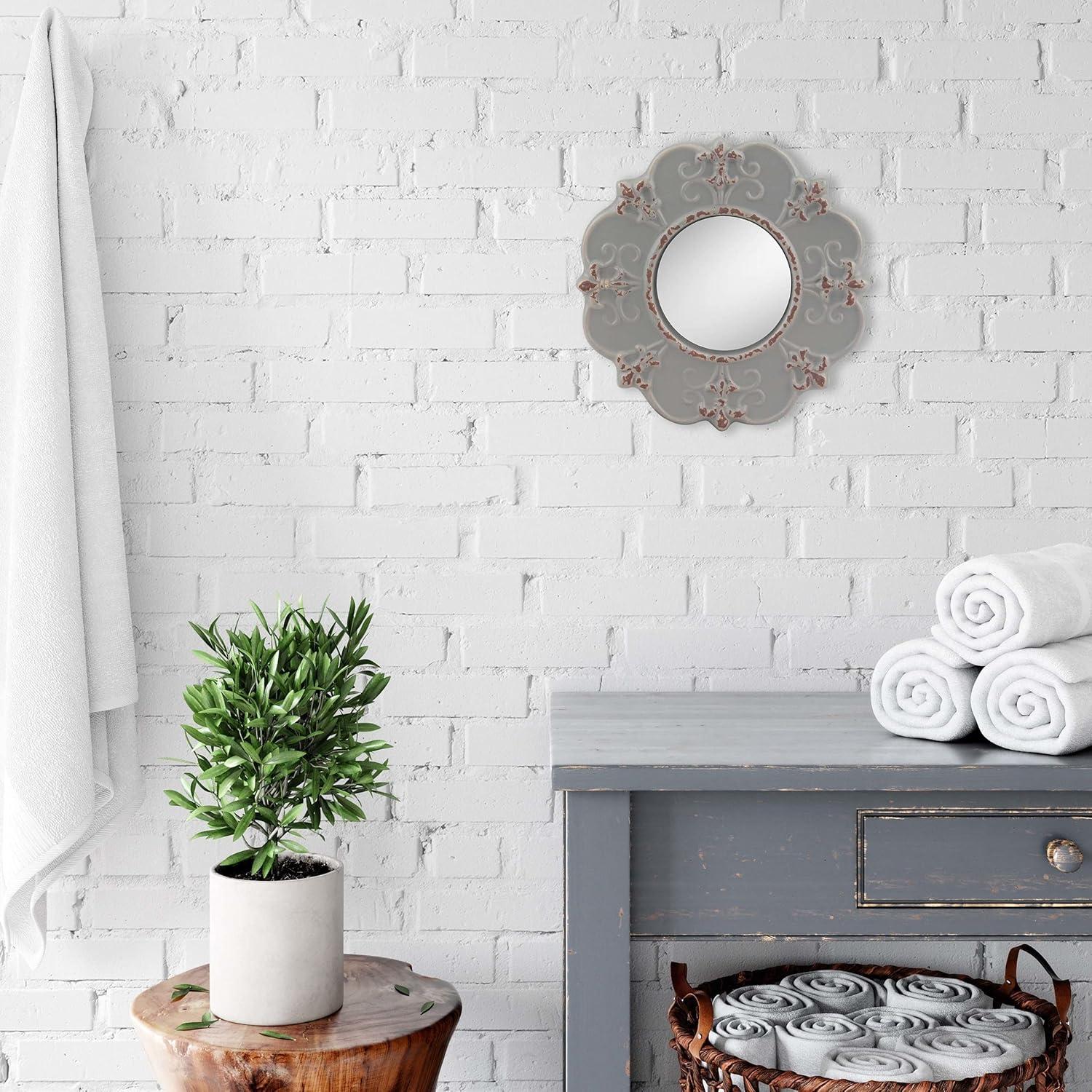 Stonebriar 8" Round Light Gray Ceramic Accent Wall Mirror with Attached Hanging Loop, Decorative Vintage Decor for the Living Room, Bedroom, Hallway, and Entryway