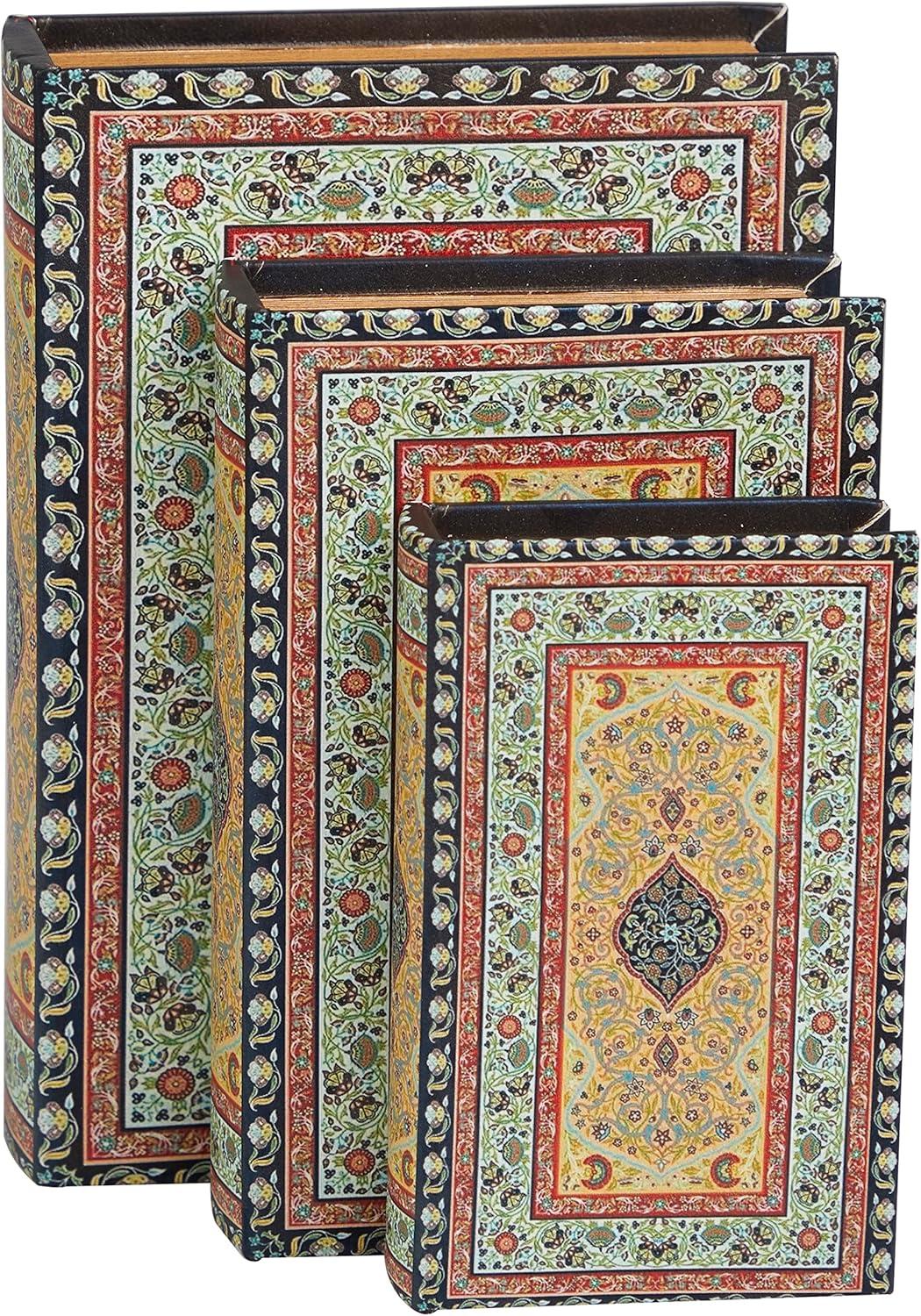 Deco 79 Canvas Decorative Box Storage Book Book Shaped Boxes with Arabesque Pattern and Gold Page Inspired Detail, Set of 3 Decorative Keepsake Boxes 12, 10, 8" H, Multi Colored
