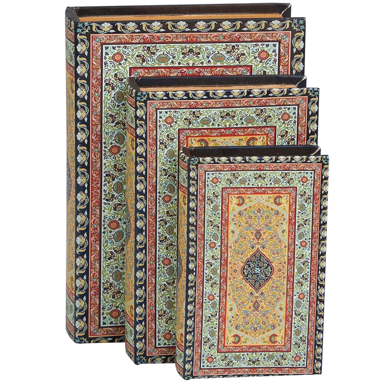 Deco 79 Canvas Decorative Box Storage Book Book Shaped Boxes with Arabesque Pattern and Gold Page Inspired Detail, Set of 3 Decorative Keepsake Boxes 12, 10, 8" H, Multi Colored