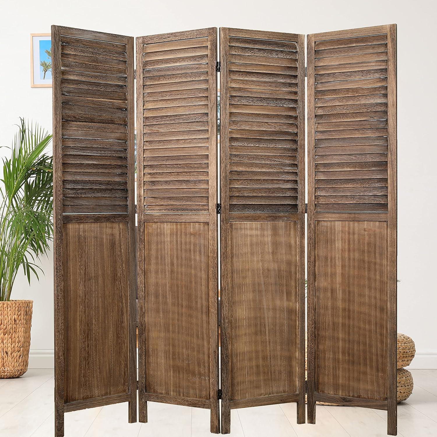 Rancho Shutter 4 Panel Room Divider with Folding Screen Room Partition Paulownia Wood Brown - Proman Products: Wall Separator, No Assembly Required