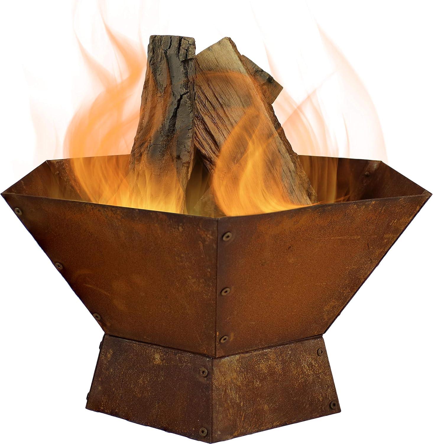 Sunnydaze Outdoor Camping or Backyard Hexagon Rustic Affinity Fire Pit Bowl on Pedestal Stand - 23" - Oxidized Rust