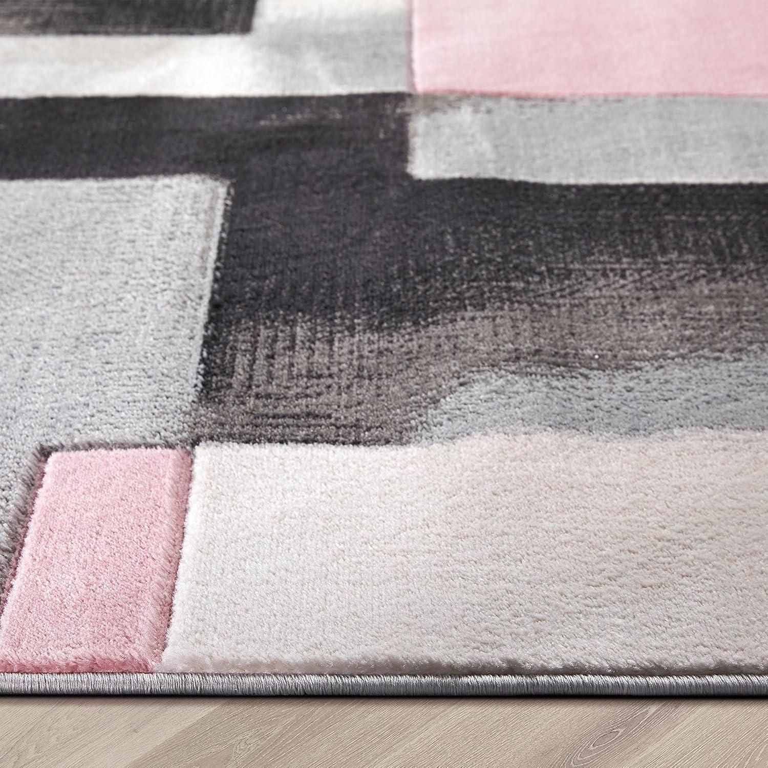 Blush Pink and Black Geometric Rectangular Area Rug 5' x 7'