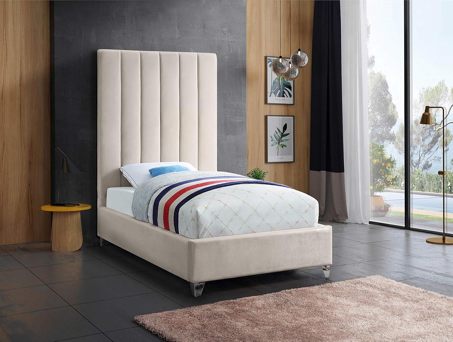 Meridian Furniture Via Rich Velvet Twin Bed in Cream