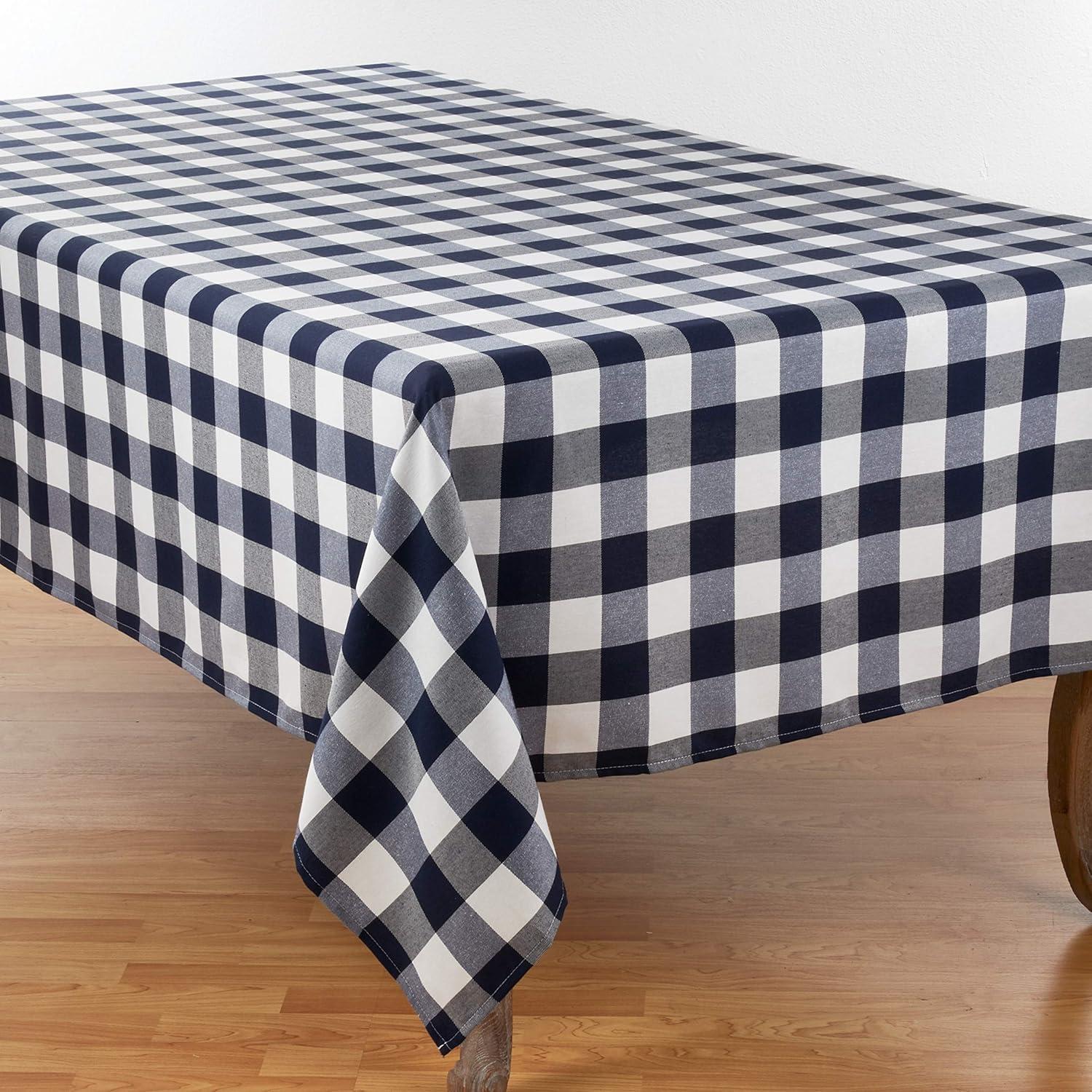 SARO LIFESTYLE Cotton Blend Buffalo Plaid Tablecloth, 70" x 180", Navy Blue