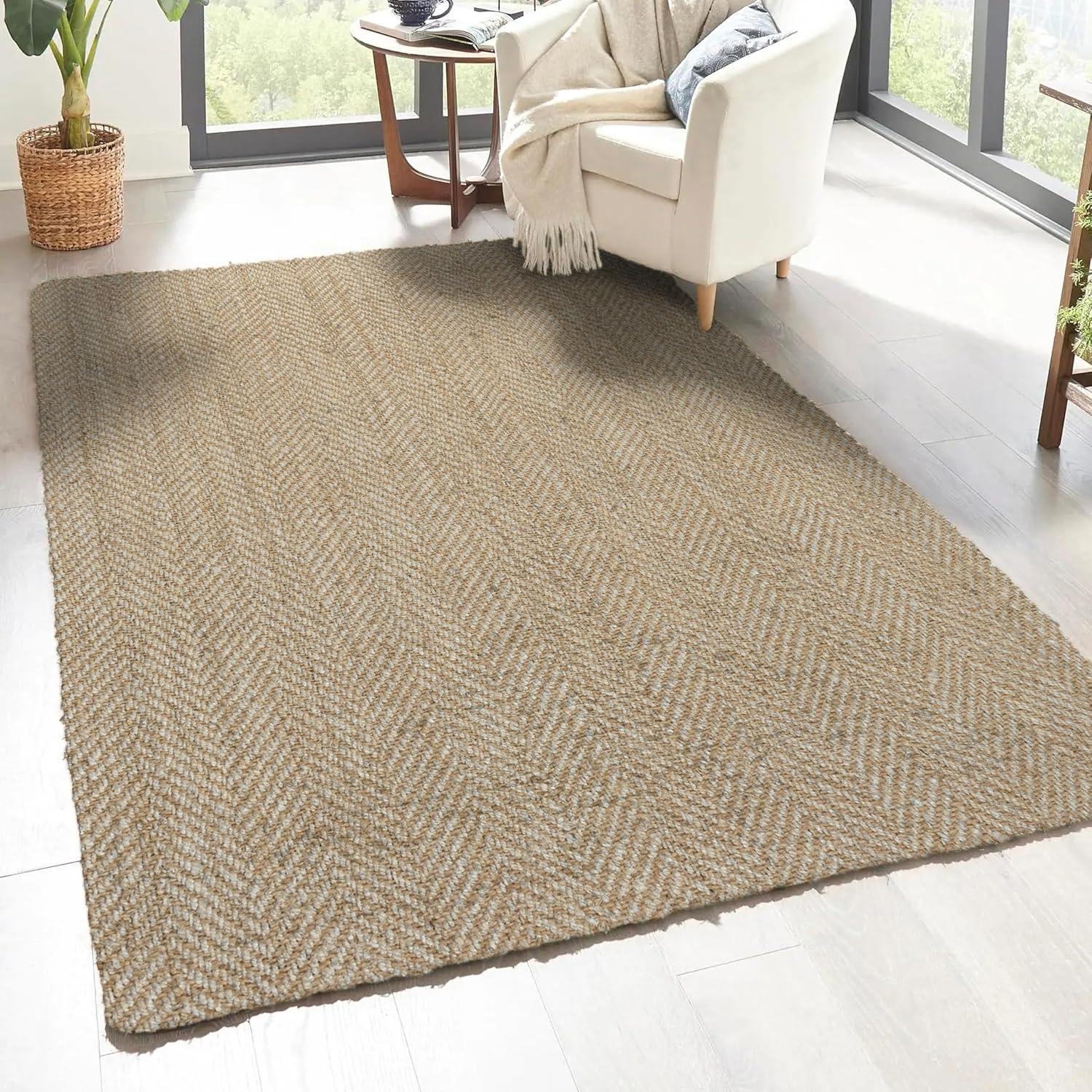 Ivory Handwoven Herringbone Jute Area Rug, 5x8 Feet