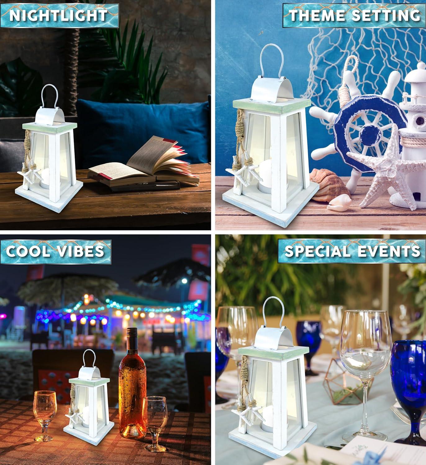 CoTa Global Ocean Breeze Nautical Wooden Lantern Candle Holder - Handmade Rustic Tealight Candle Lantern Decor Coastal Table Centerpiece, Indoor Tea Candle Lantern Beach Decorations for Home