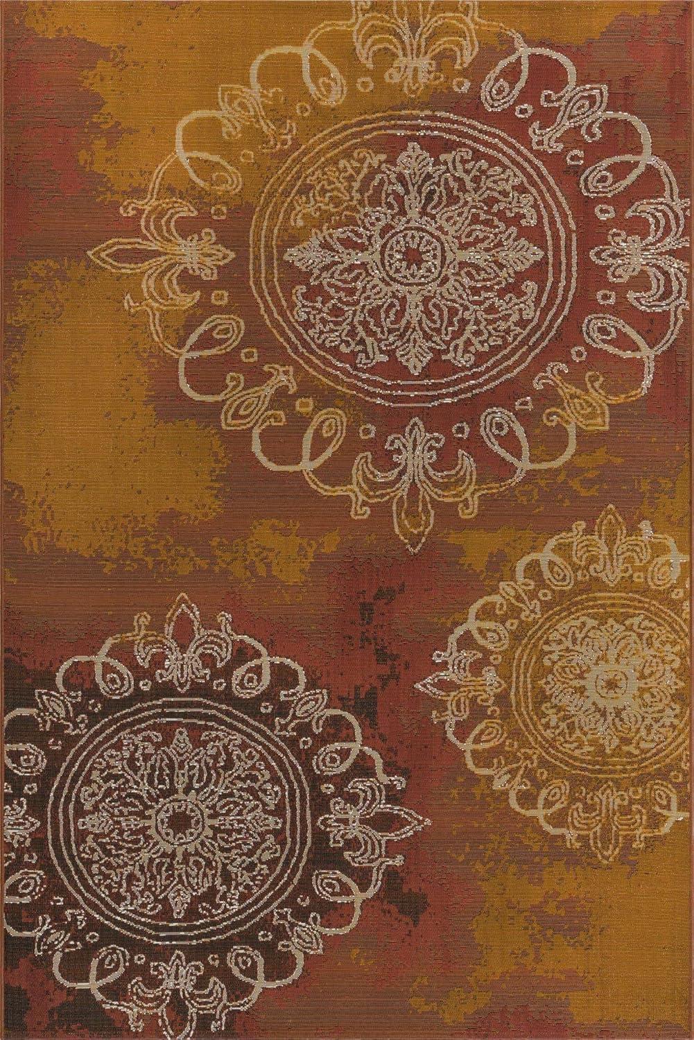 Rust Red and Gold Medallion Easy-Care Outdoor Rug - 5'3" x 8'