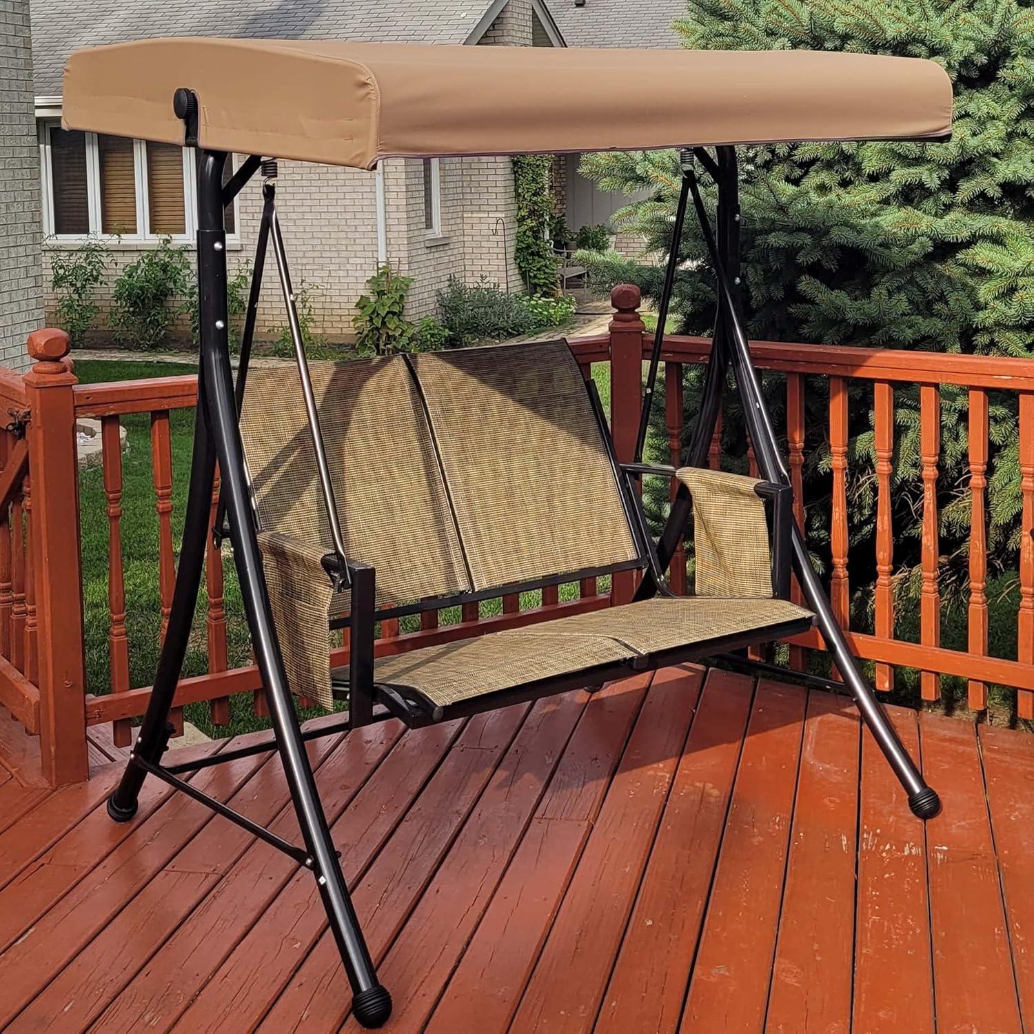 Beige 2-Person Outdoor Patio Swing with Adjustable Canopy