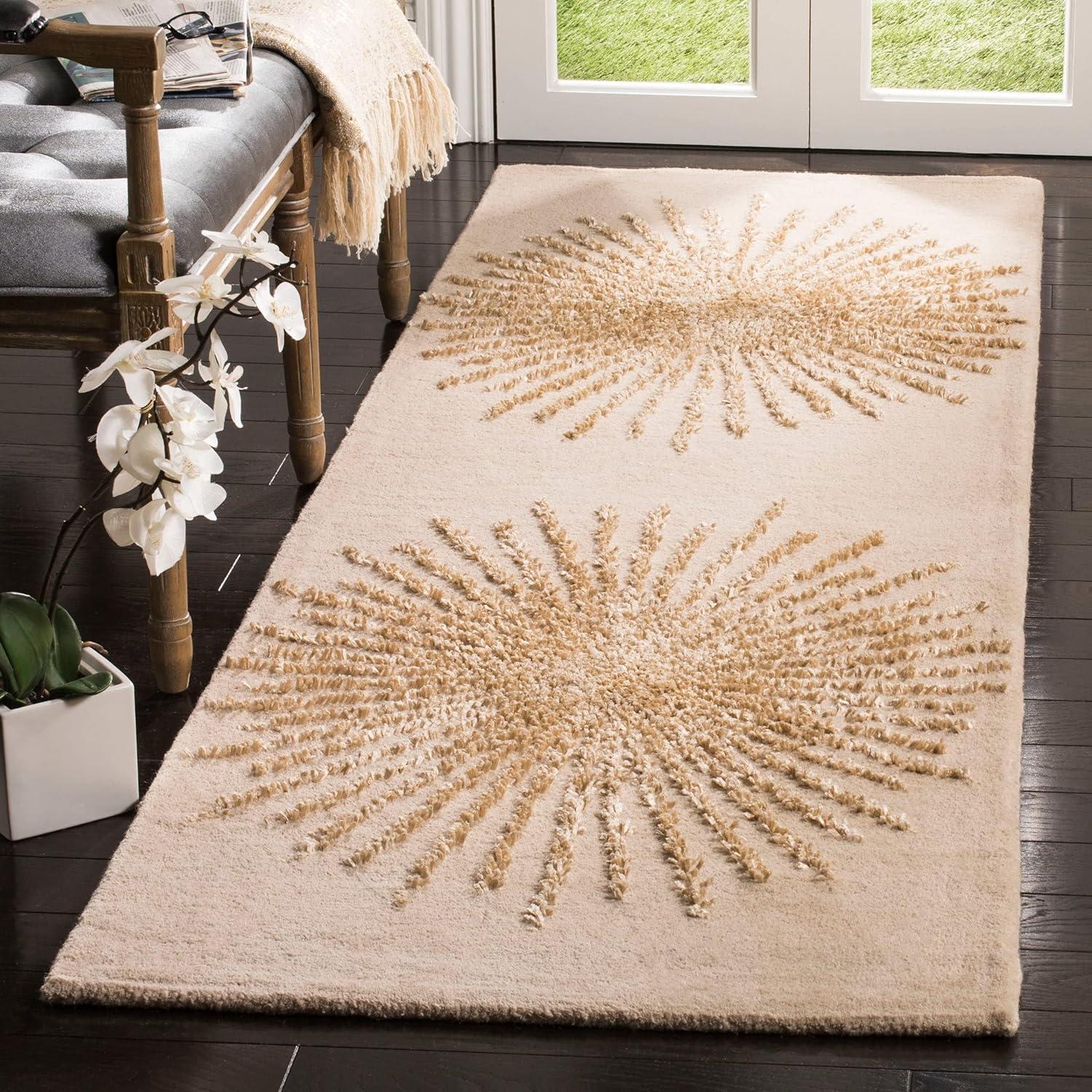 Beige and Gold Tufted Handmade Wool and Viscose Area Rug