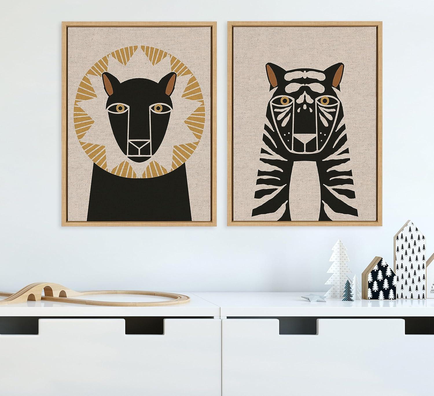 Kate and Laurel Sylvie Lion Profile Neutral Linen and Tiger Profile Neutral Linen Framed Canvas Art Set by Hannah Beisang