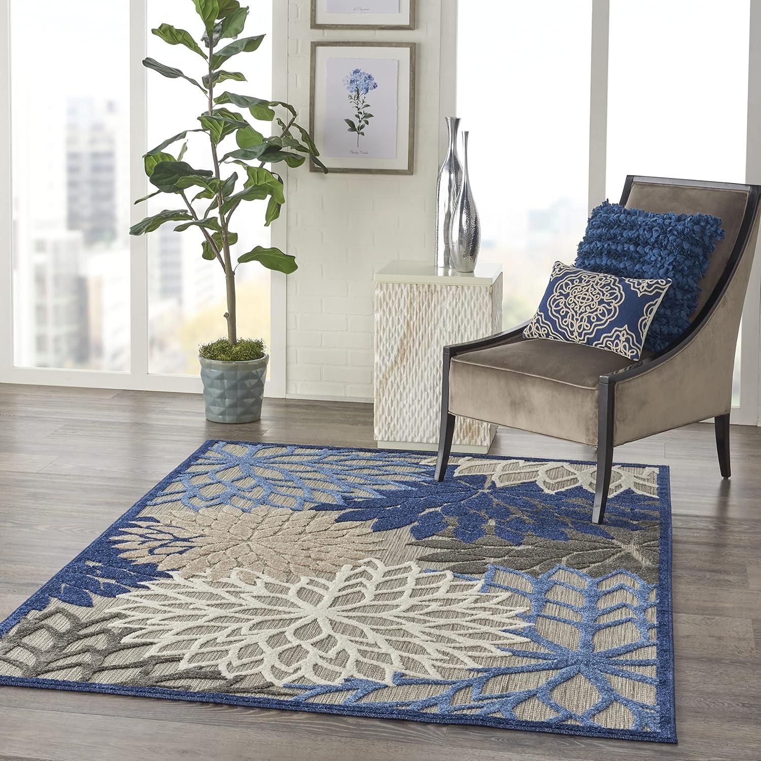 Nourison Aloha Floral Bloom Flatweave High-Low Indoor Outdoor Area Rug Blue/Multicolor 6' x 9'