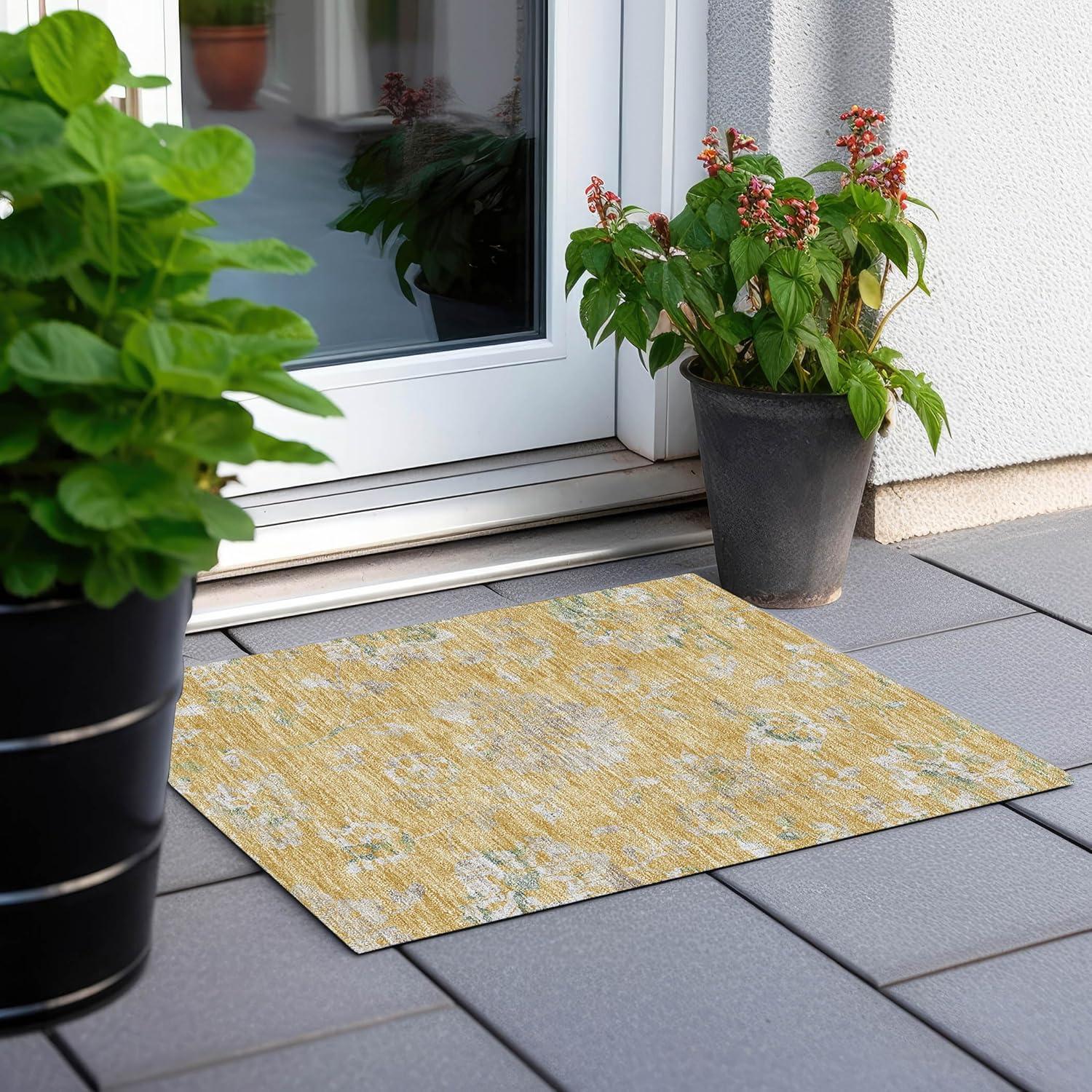 Gold Floral Synthetic Rectangular Indoor/Outdoor Rug