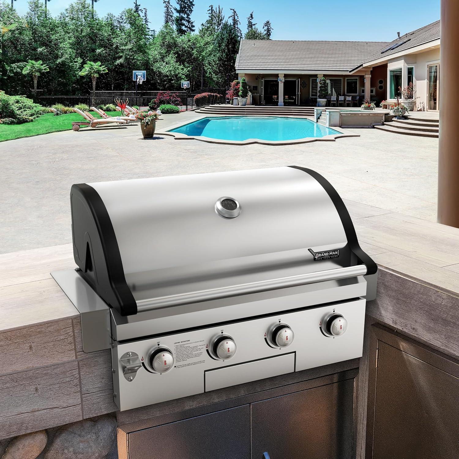 Brand-Man 30-Inch Drop-In Propane Grill, Convertible to Natural Gas, Heavy Duty 304 Stainless Steel 4-Burner Grill Head, 40,000BTUs BBQ Gas Grill for Outdoor Kitchen ( Rustler2 )