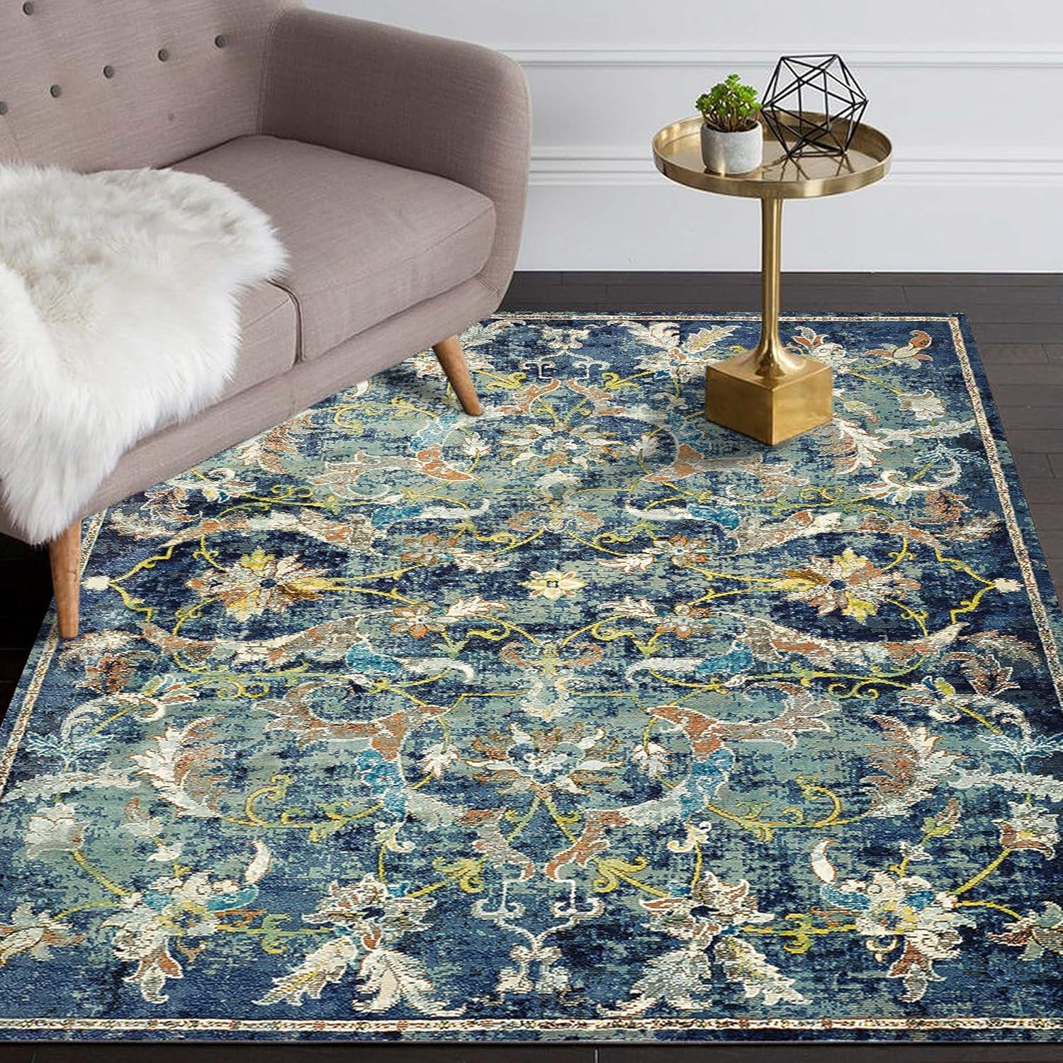 LR Home Ada 5' x 8' Navy Blue Floral Indoor Area Rug