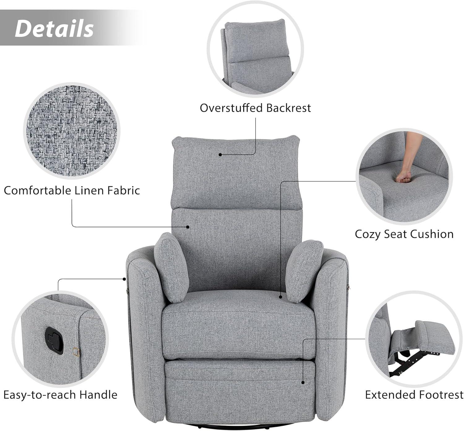 Swivel Rocker Glider Nursery, Manual Recliner Chair Single Sofa Chair for Adults, Linen Fabric Rocker Chair with Removable Pillows for Living Room, Bedroom, Dark Grey